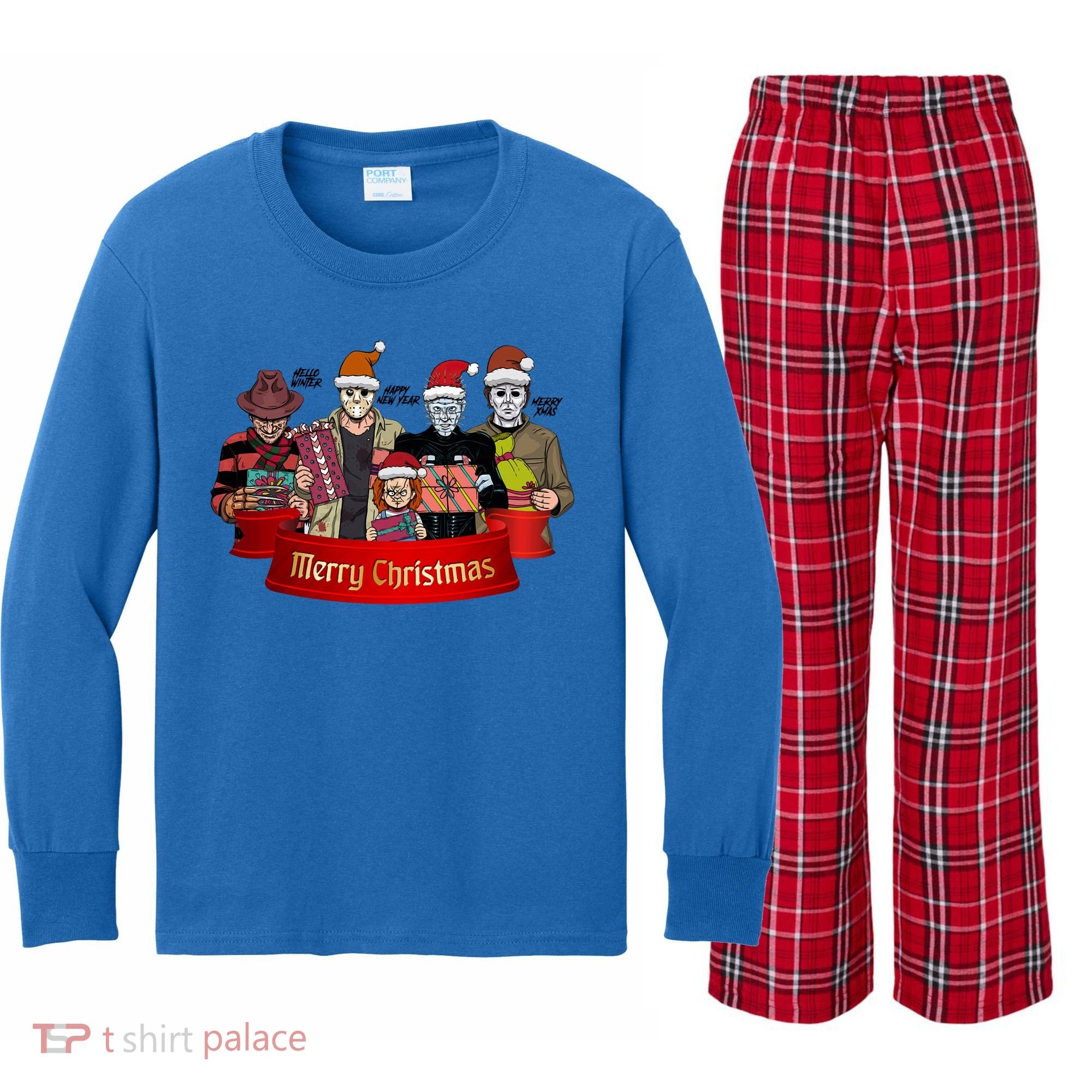 Horror Merry Christmas Halloween Friends Funny Costume Kids Long Sleeve Plaid Pajama Set