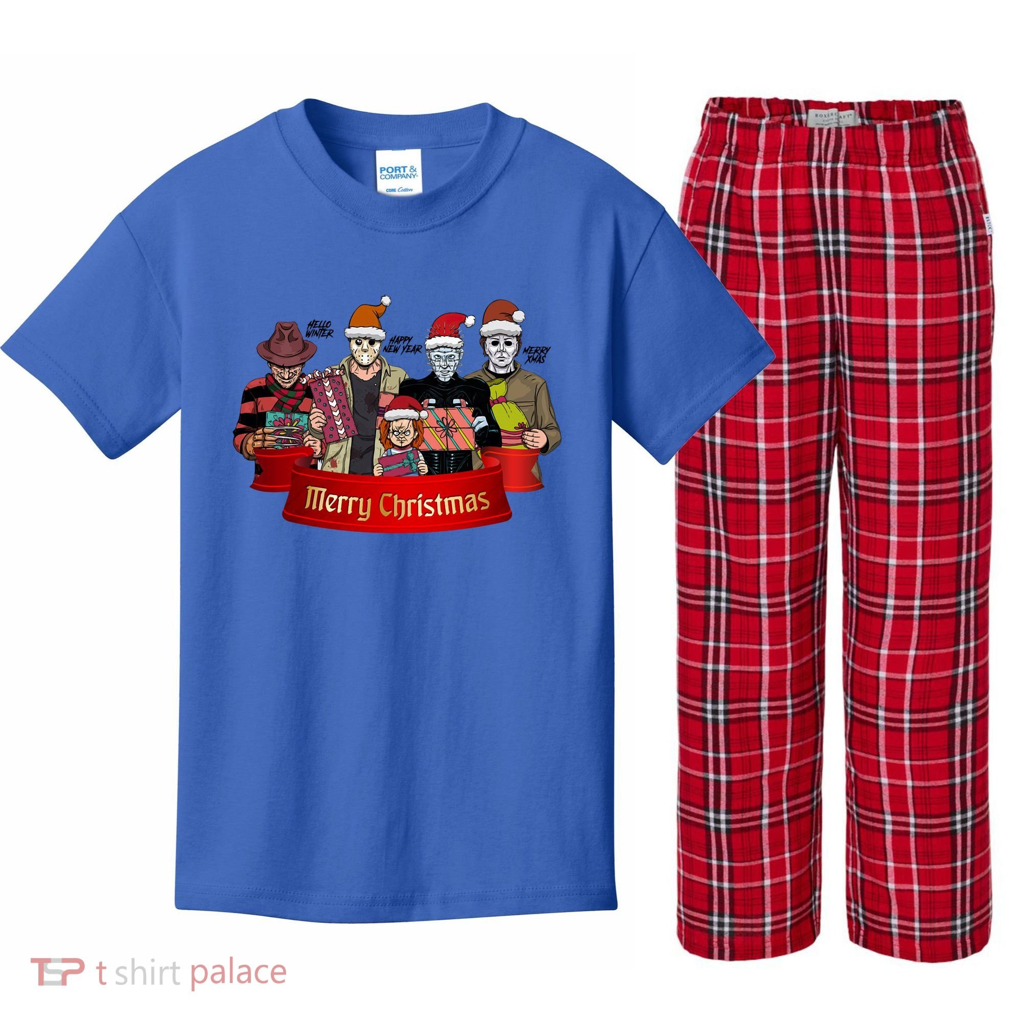 Horror Merry Christmas Halloween Friends Funny Costume Kids Plaid Pajama Set