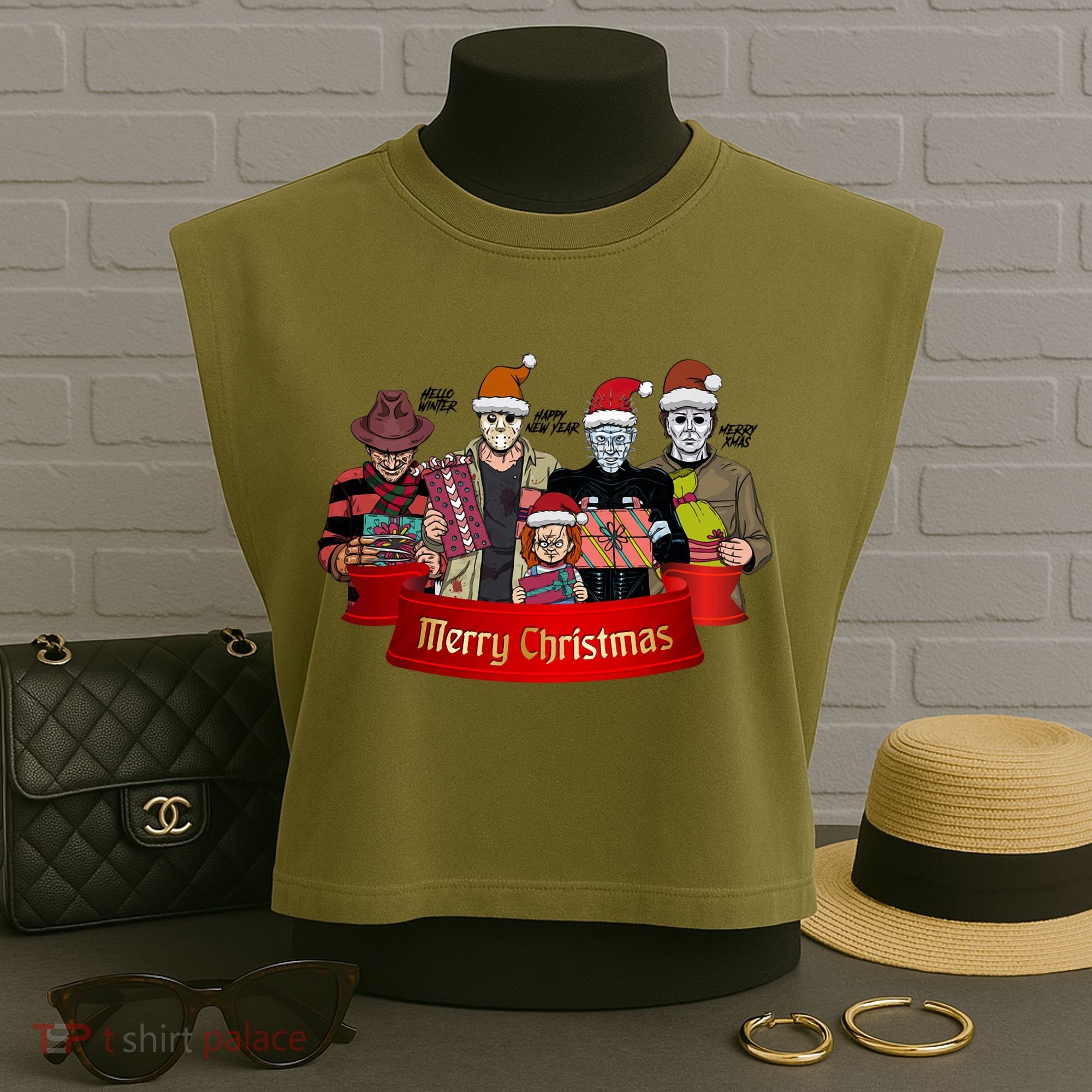 Horror Merry Christmas Halloween Friends Funny Costume Garment-Dyed Women's Muscle Tee