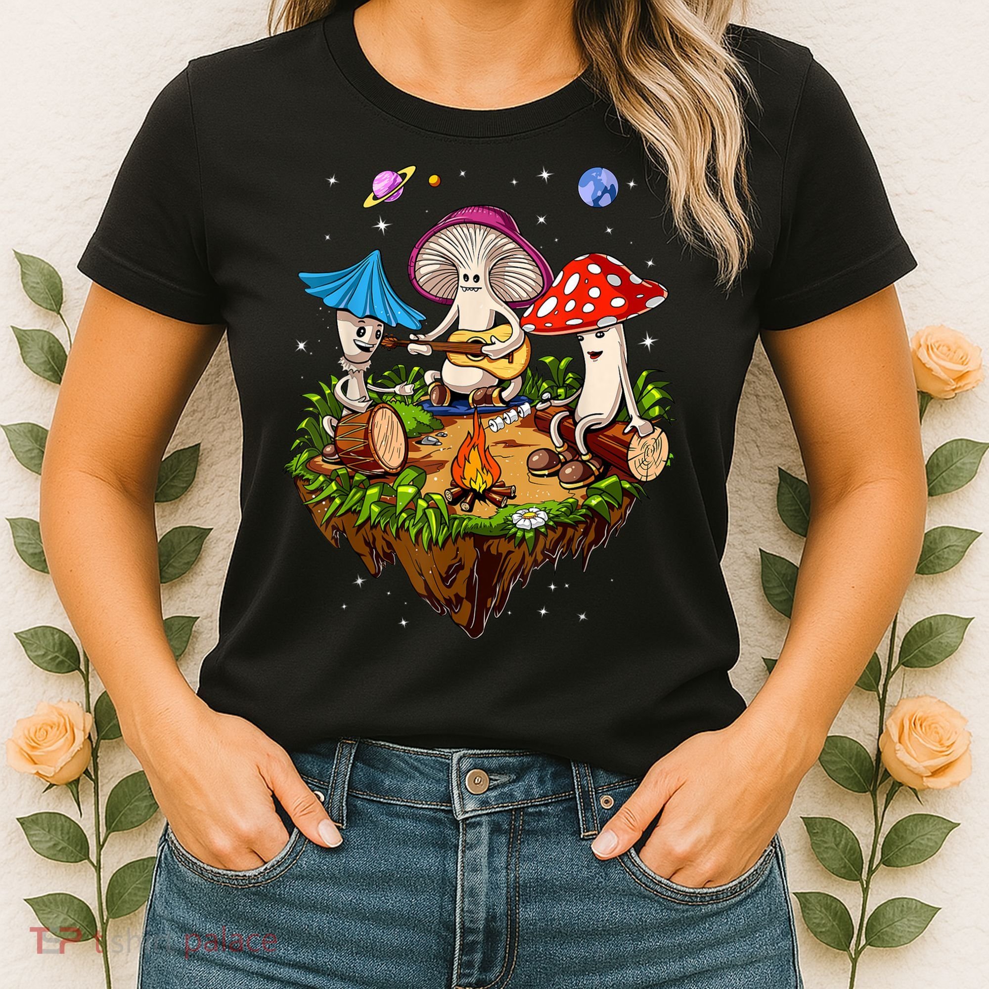 Hippie Mushrooms Camping Psychedelic Forest Fungi Festival Women's T-Shirt