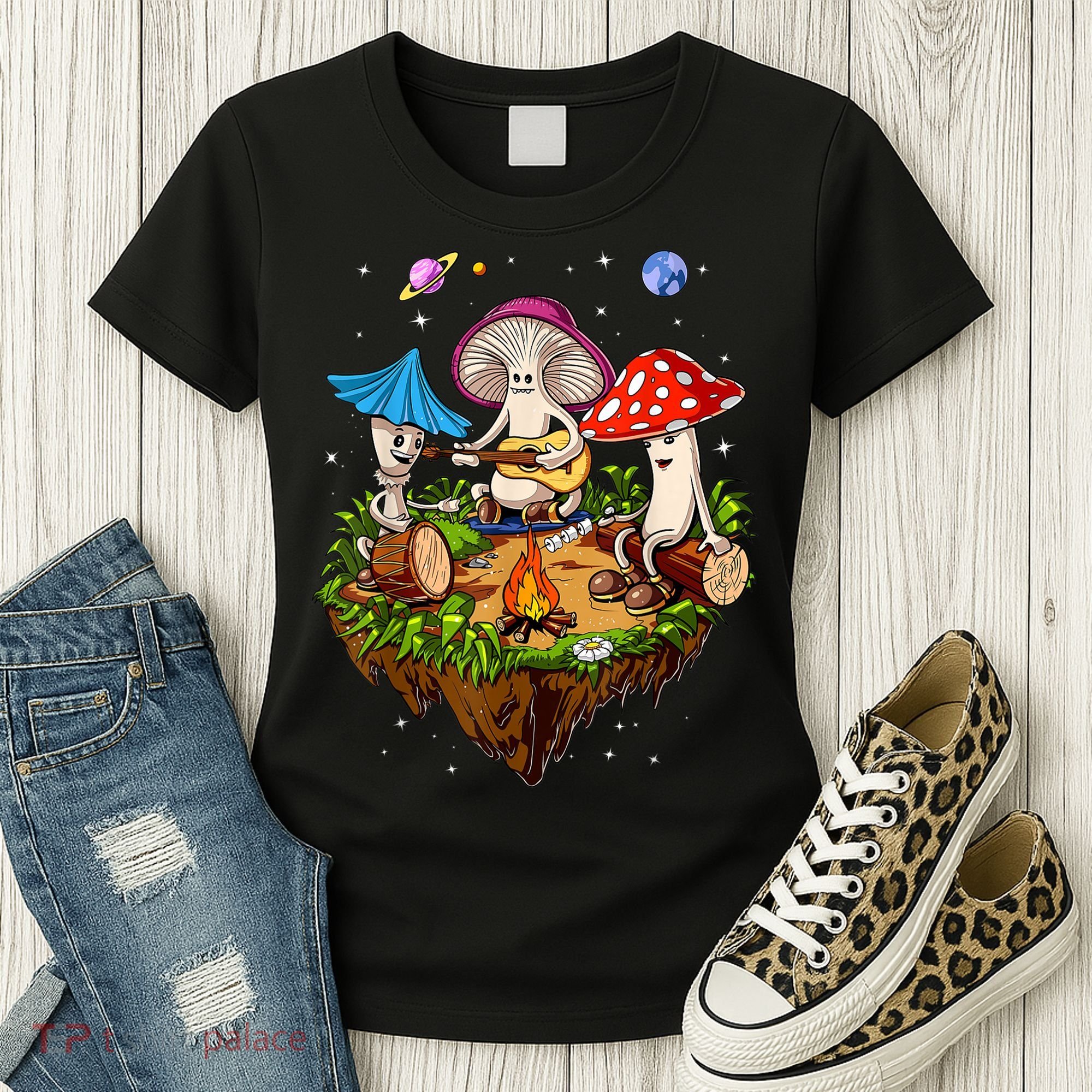 Hippie Mushrooms Camping Psychedelic Forest Fungi Festival Women's T-Shirt