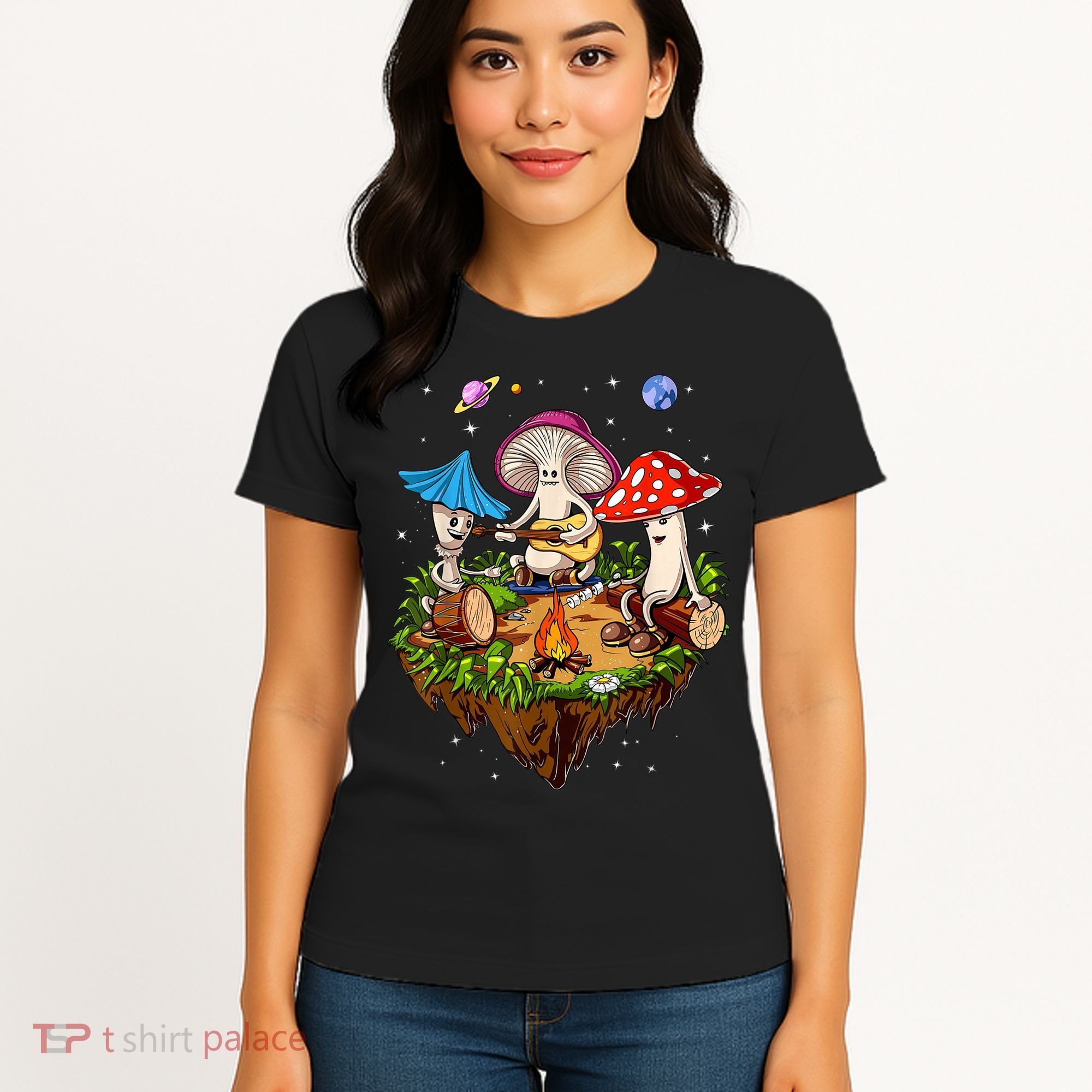 Hippie Mushrooms Camping Psychedelic Forest Fungi Festival Women's T-Shirt
