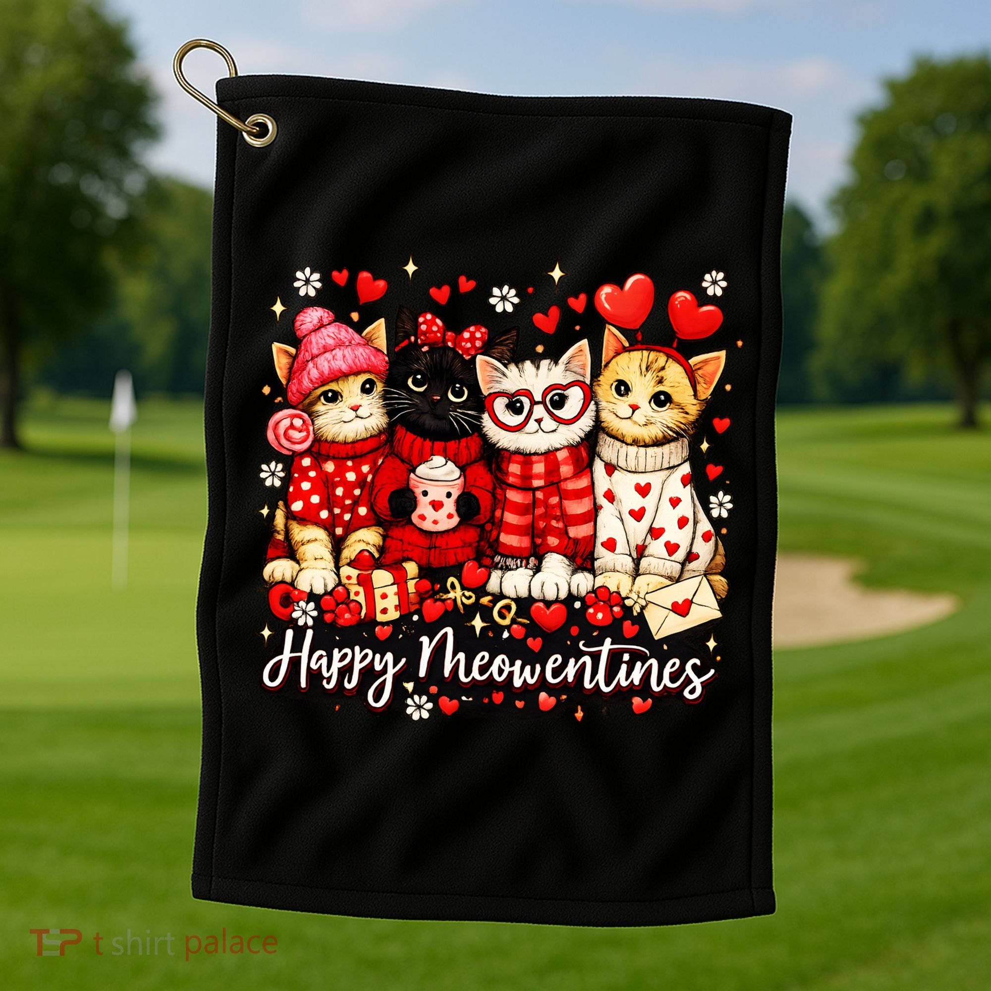 Happy Meowentines Cute Valentine Cat Lovers Golf Towel