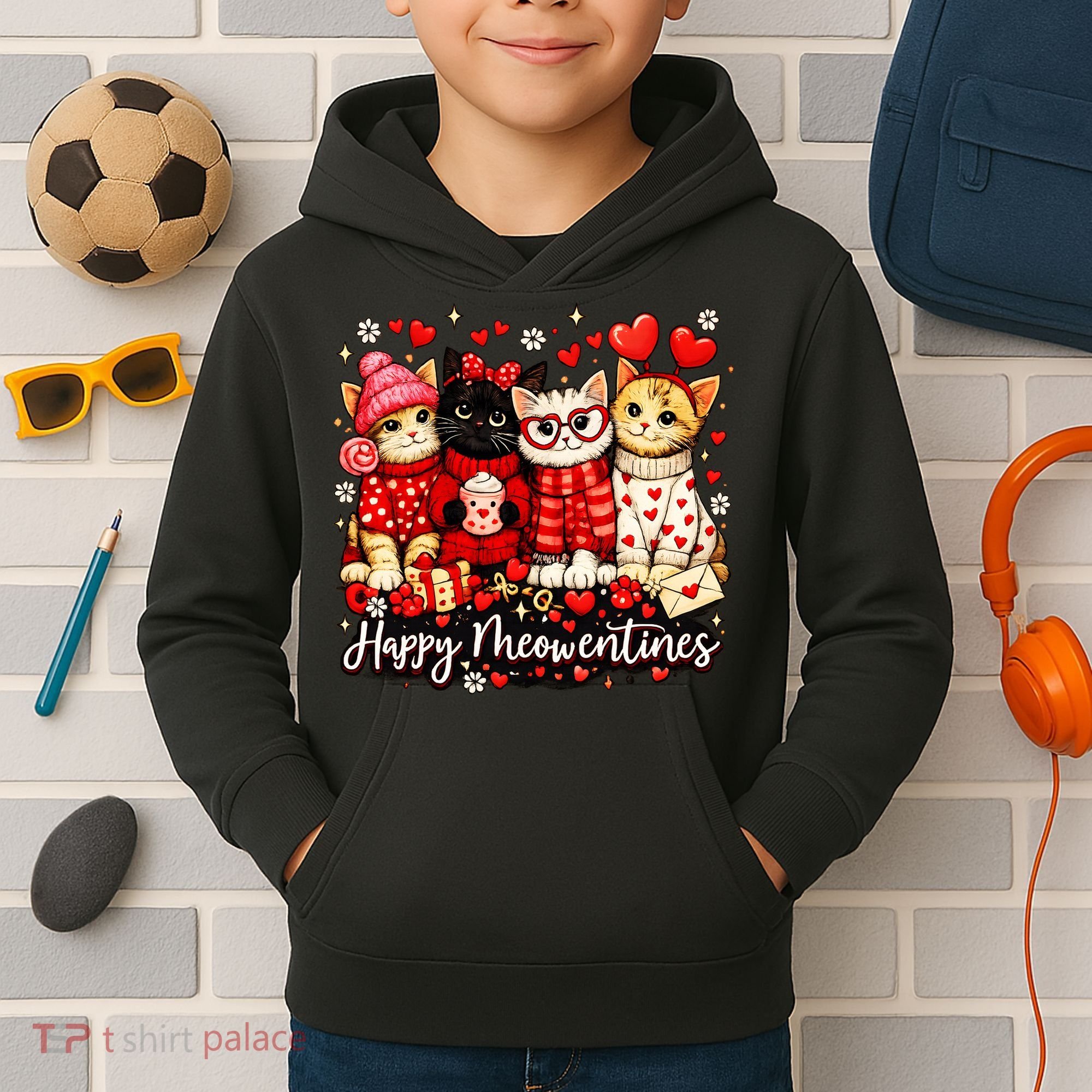 Happy Meowentines Cute Valentine Cat Lovers Kids Hoodie