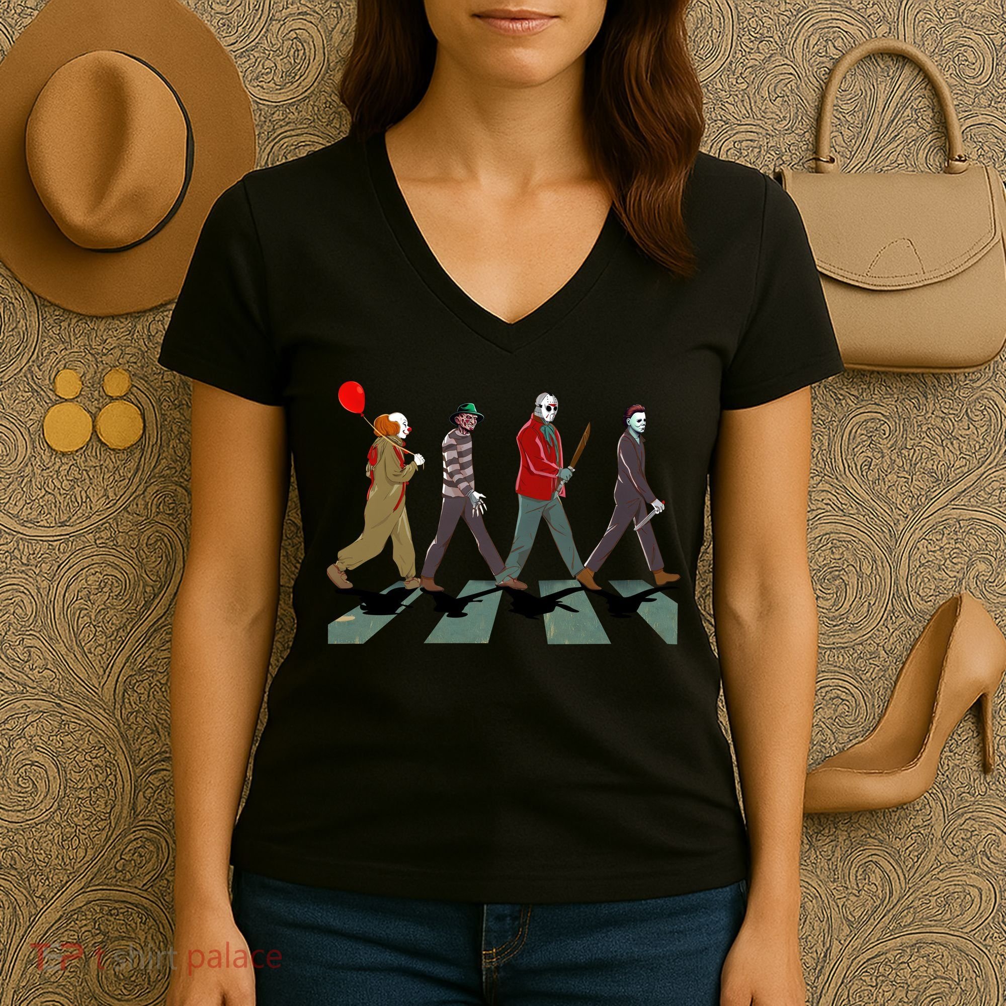 Horror Movie Characters Walking Road Friends Halloween Pennywise Women's V-Neck T-Shirt