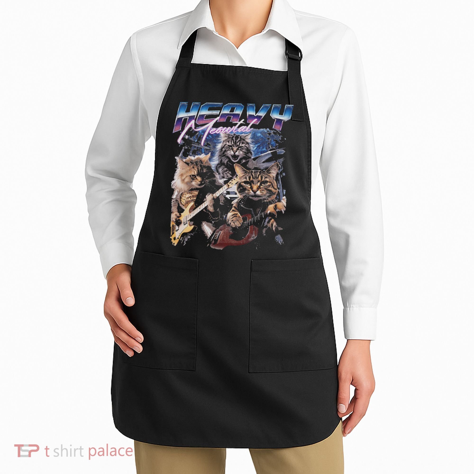 Heavy Meowtal Distressed Rock Cat Playing Guitar Music Bands Apron