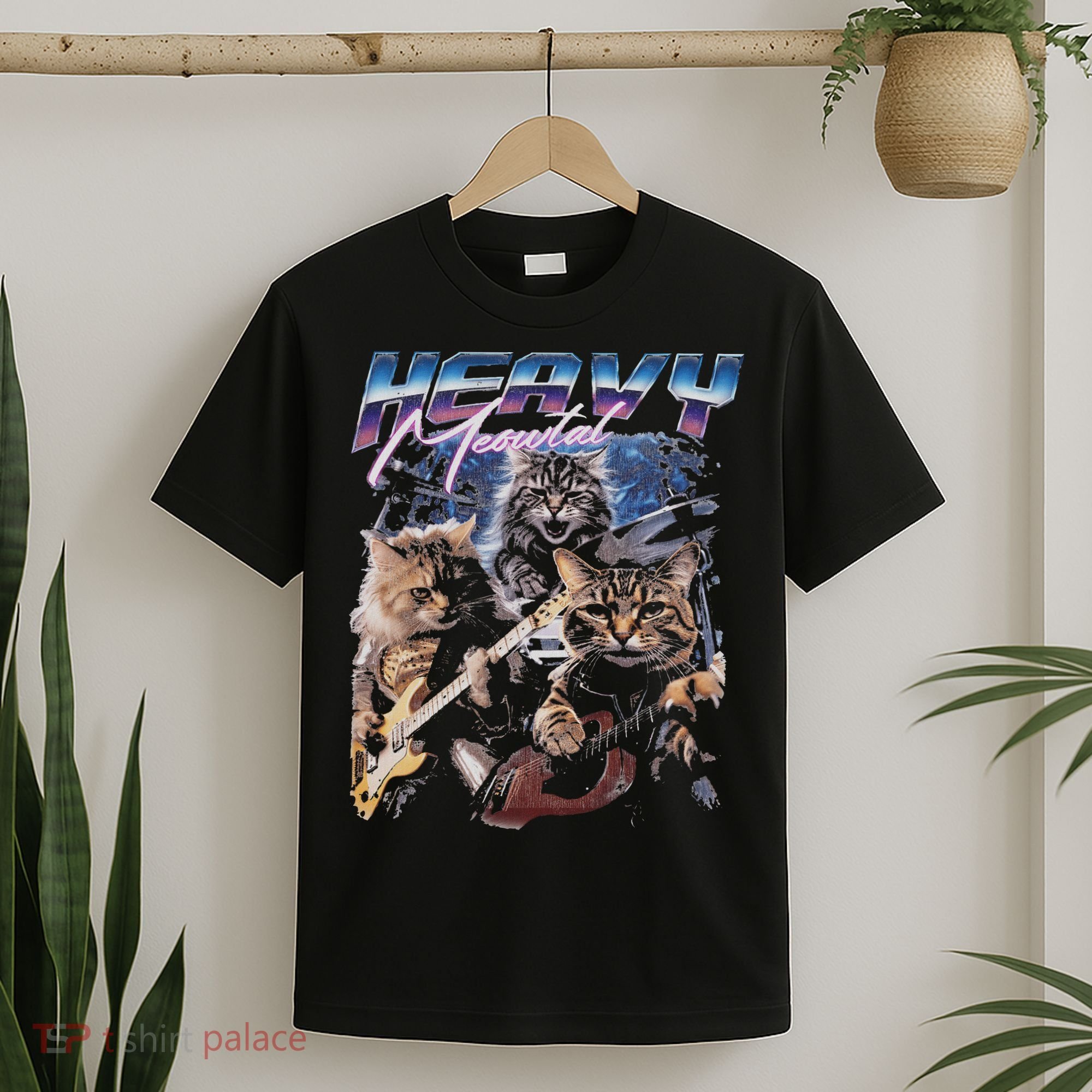Heavy Meowtal Distressed Rock Cat Playing Guitar Music Bands T-Shirt