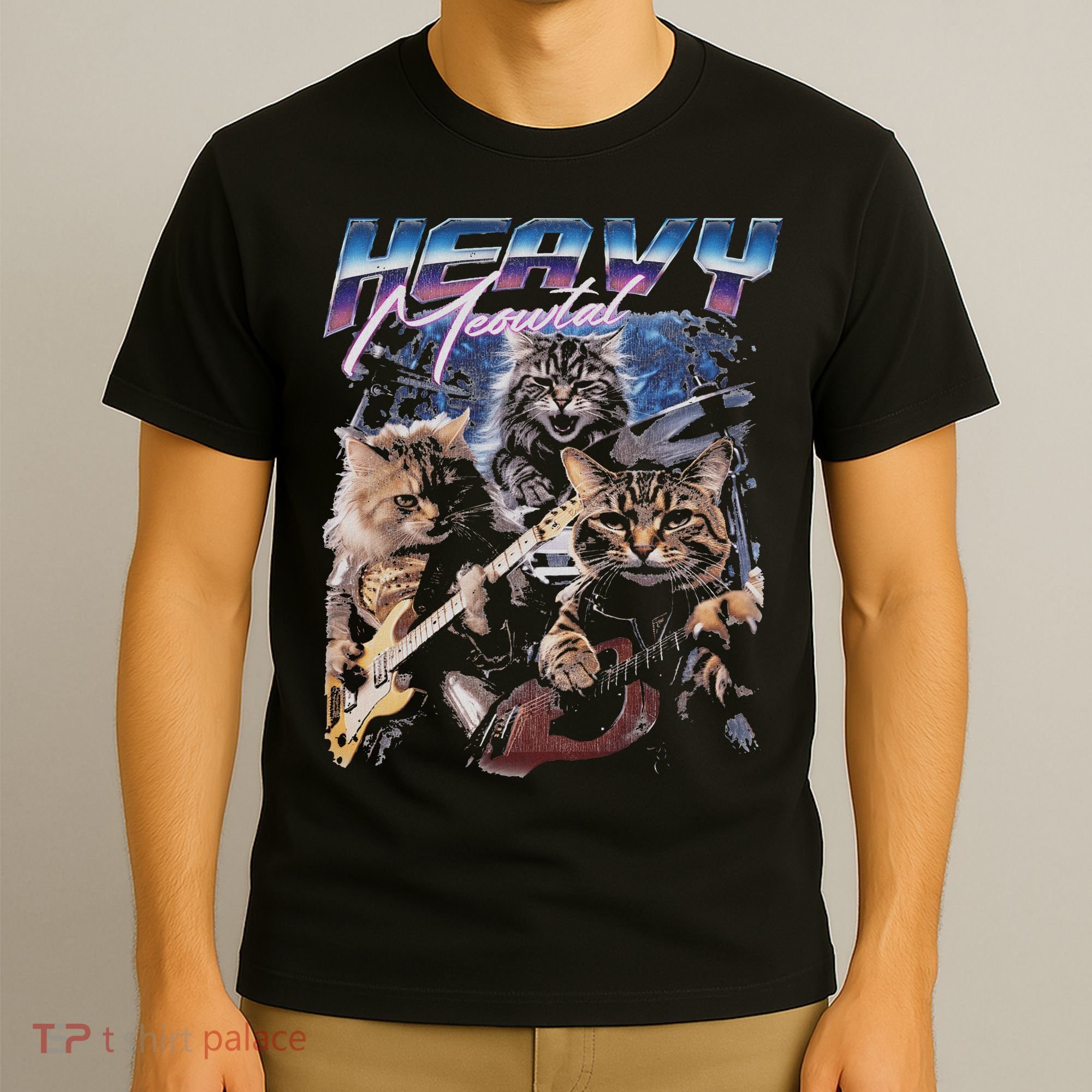 Heavy Meowtal Distressed Rock Cat Playing Guitar Music Bands T-Shirt