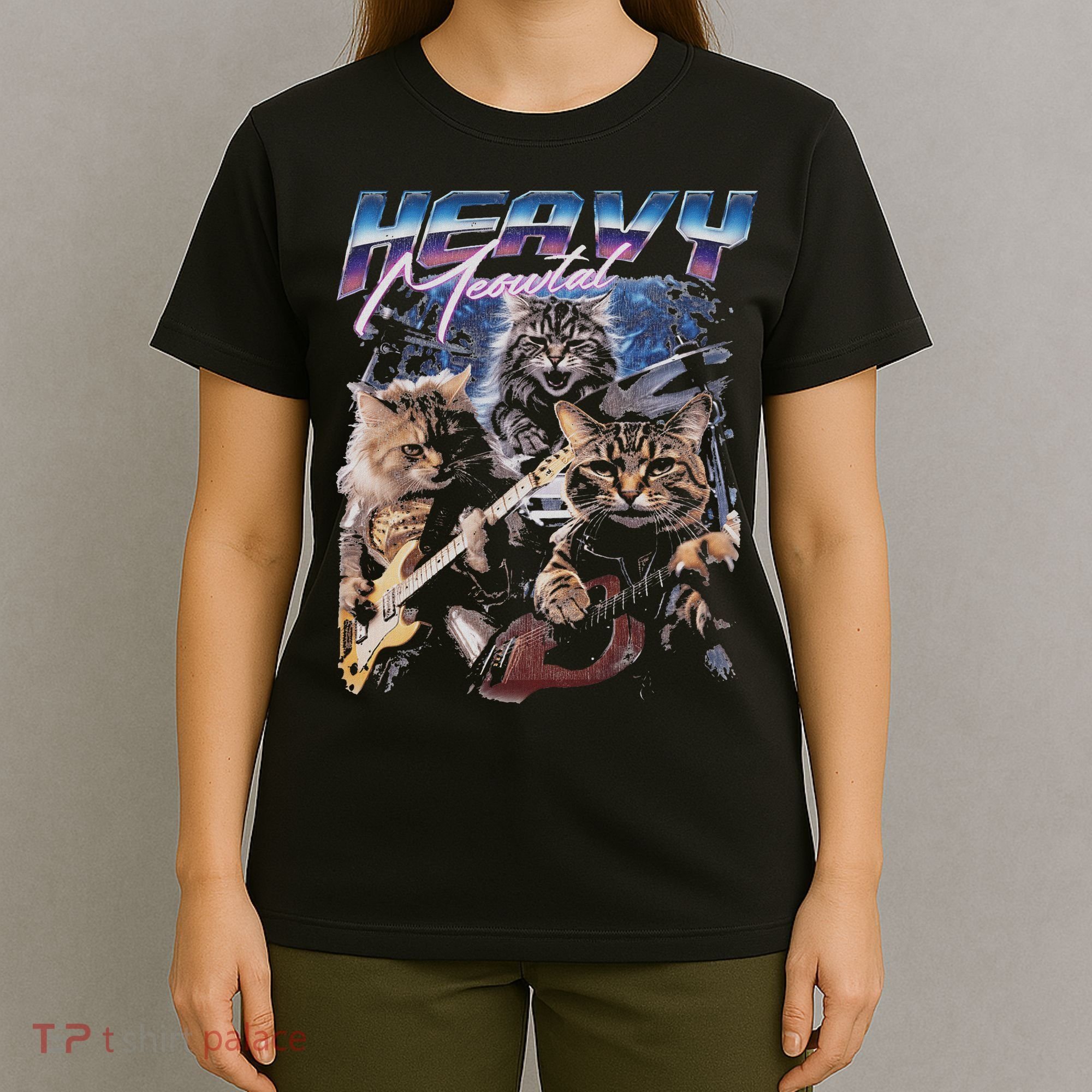 Heavy Meowtal Distressed Rock Cat Playing Guitar Music Bands T-Shirt