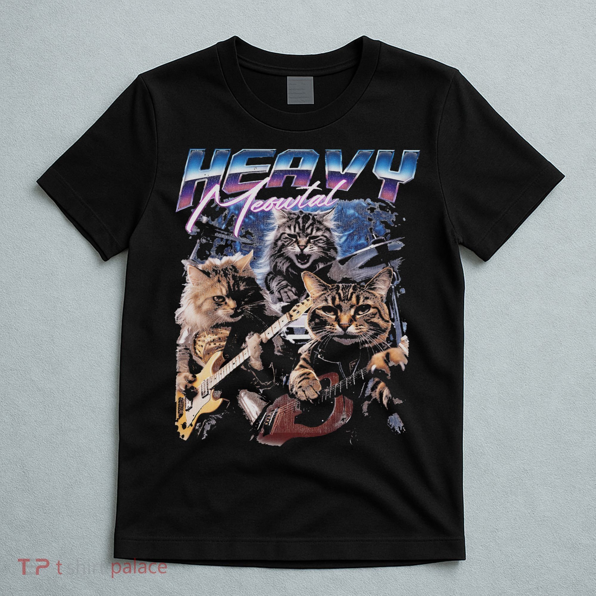 Heavy Meowtal Distressed Rock Cat Playing Guitar Music Bands T-Shirt