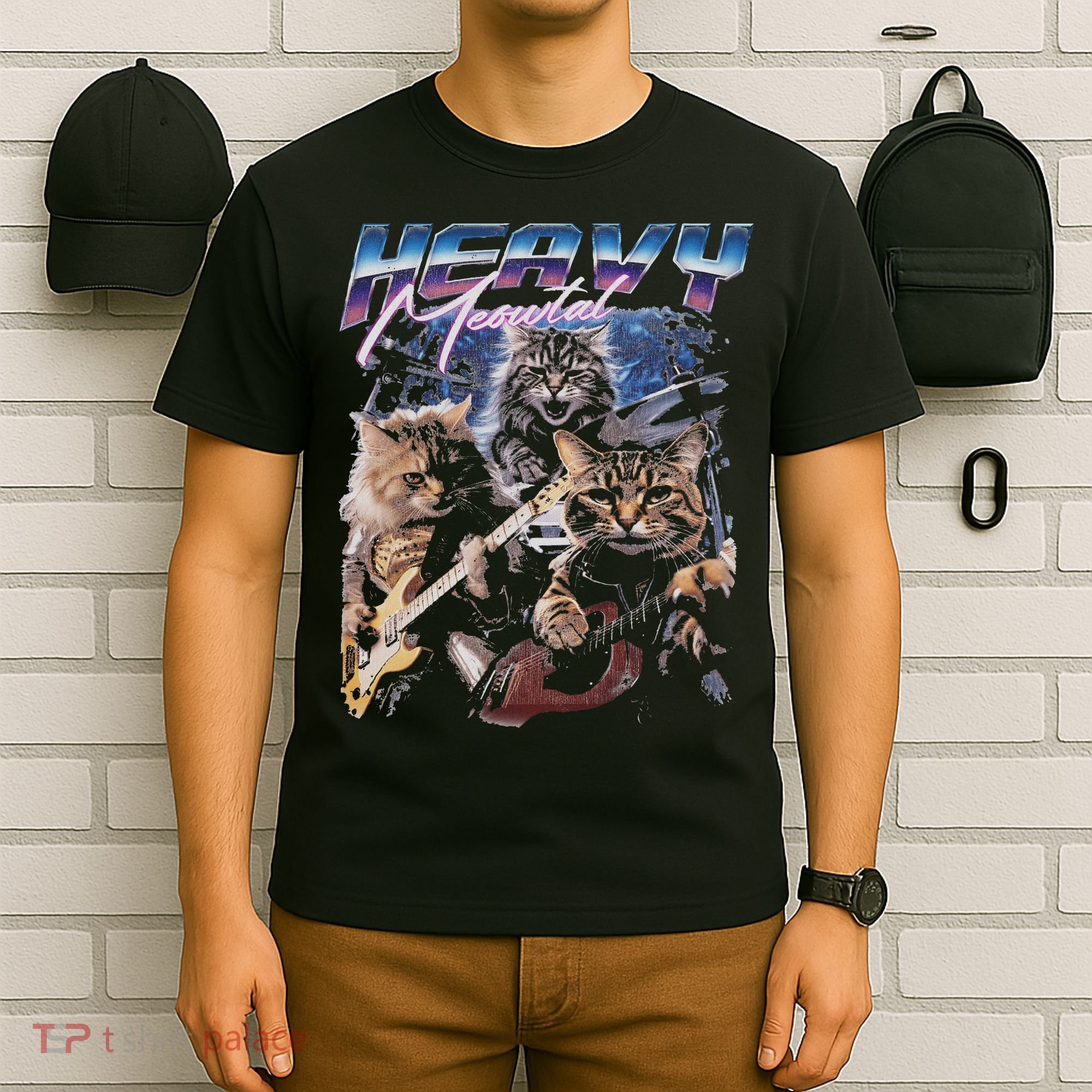 Heavy Meowtal Distressed Rock Cat Playing Guitar Music Bands T-Shirt