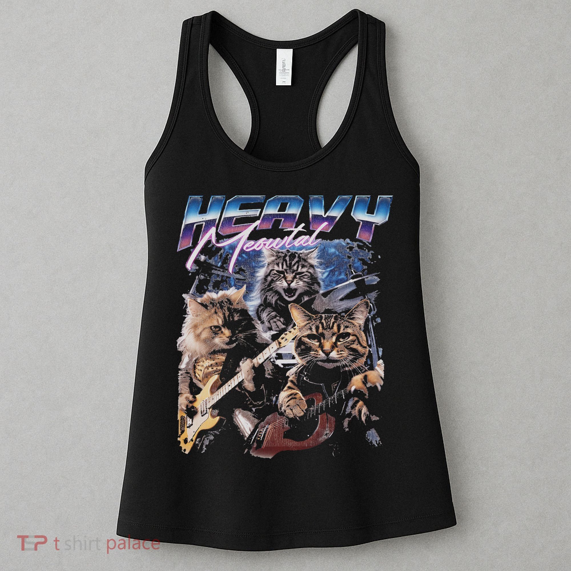 Heavy Meowtal Distressed Rock Cat Playing Guitar Music Bands Women's Tank Top