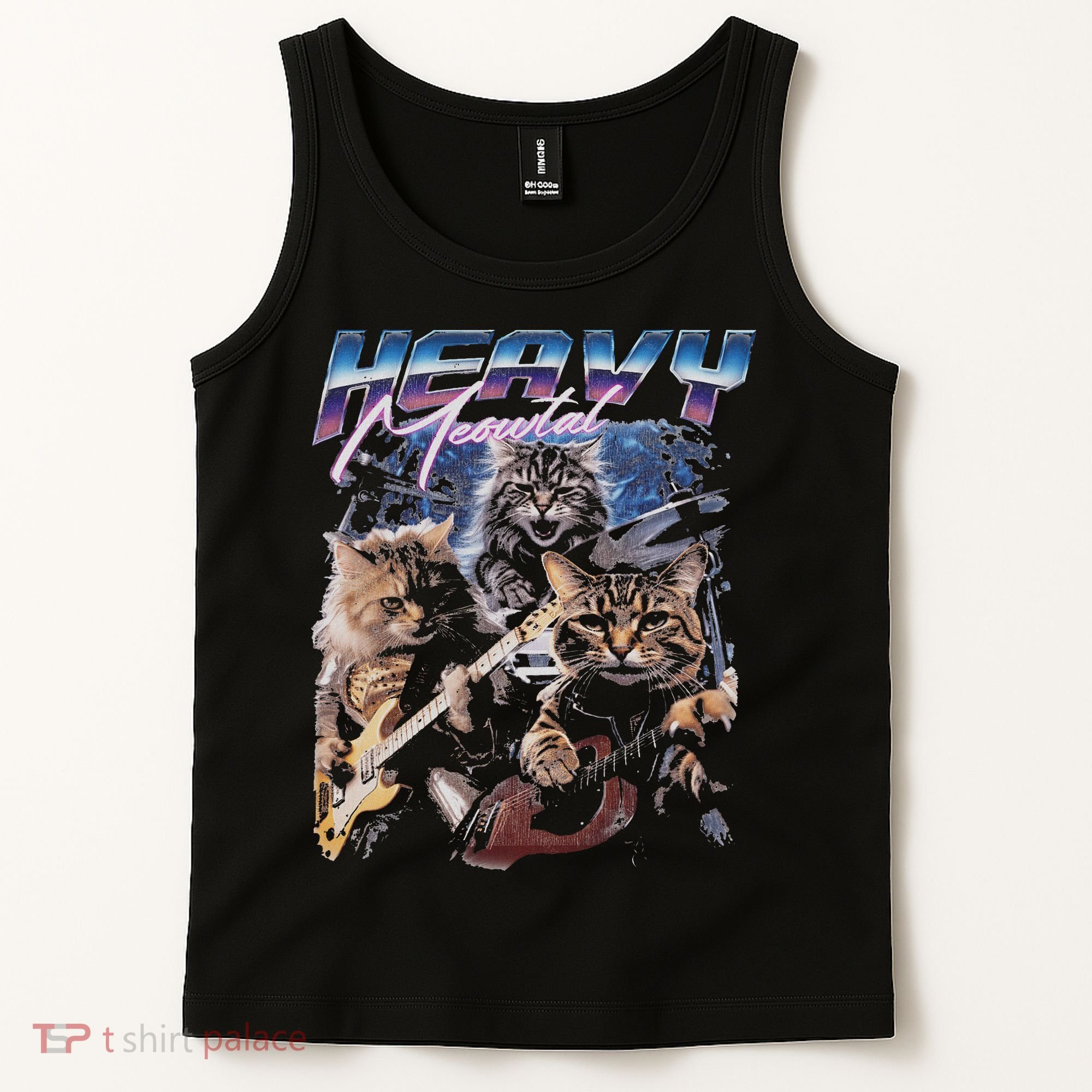 Heavy Meowtal Distressed Rock Cat Playing Guitar Music Bands Tank Top