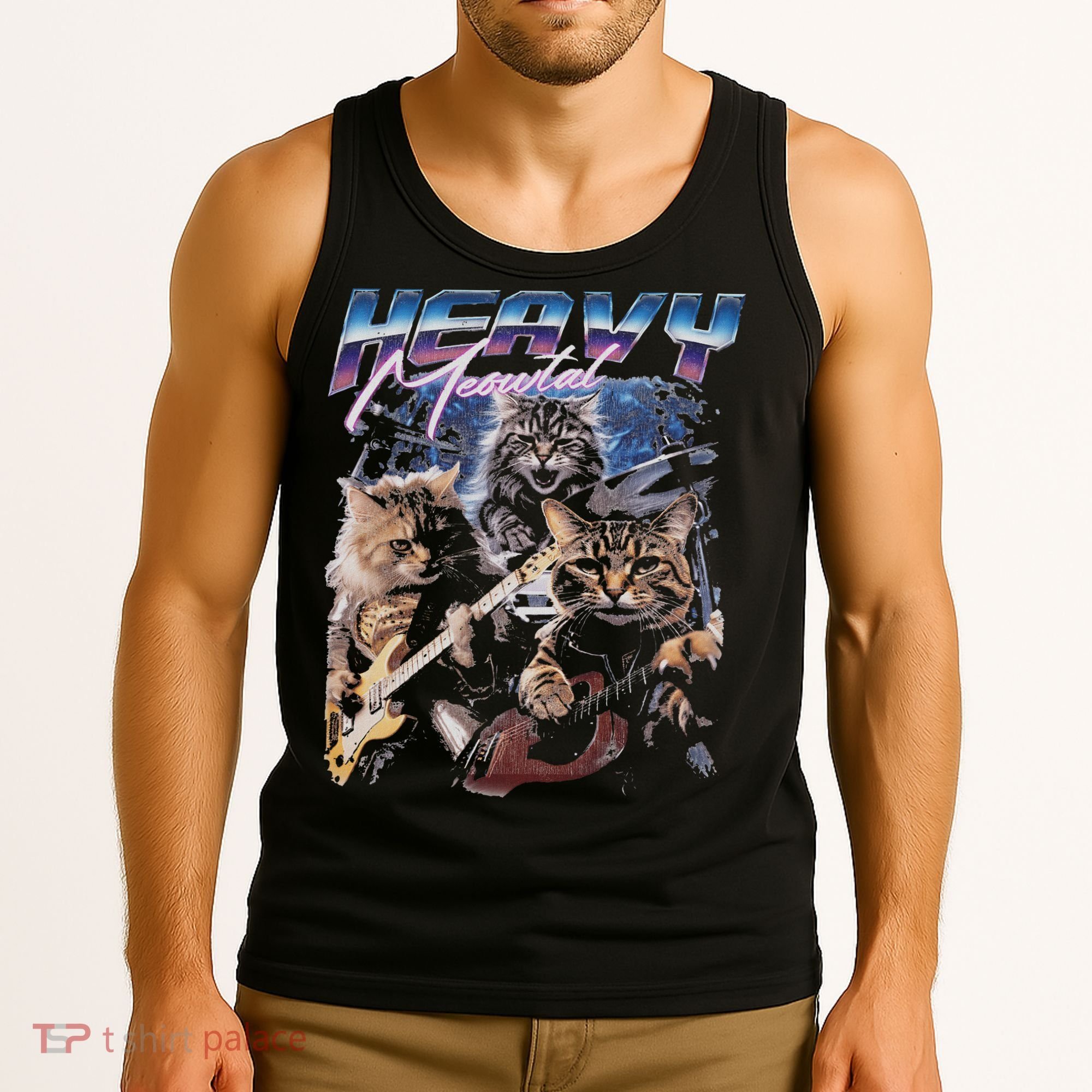 Heavy Meowtal Distressed Rock Cat Playing Guitar Music Bands Tank Top