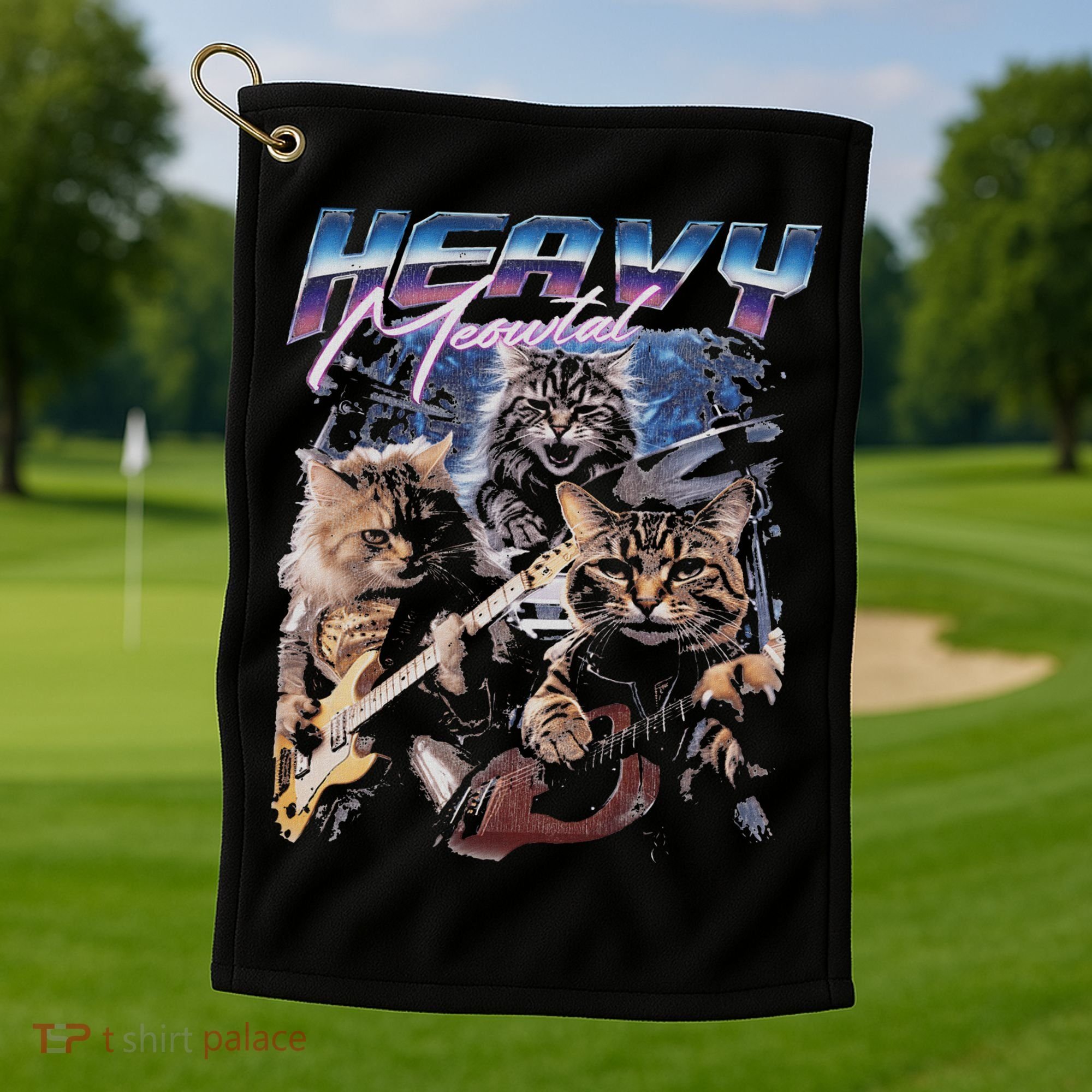 Heavy Meowtal Distressed Rock Cat Playing Guitar Music Bands Golf Towel