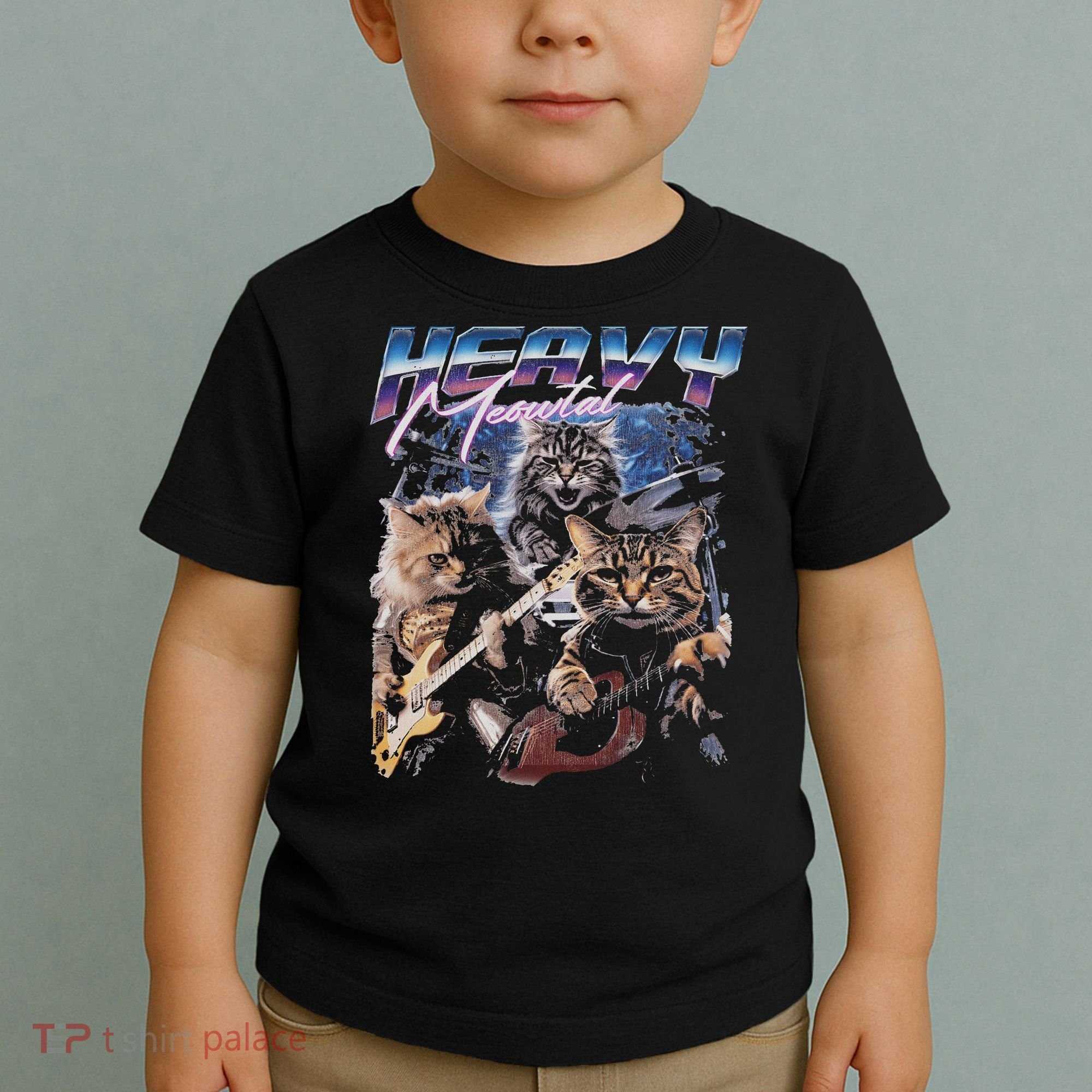 Heavy Meowtal Distressed Rock Cat Playing Guitar Music Bands Toddler T-Shirt