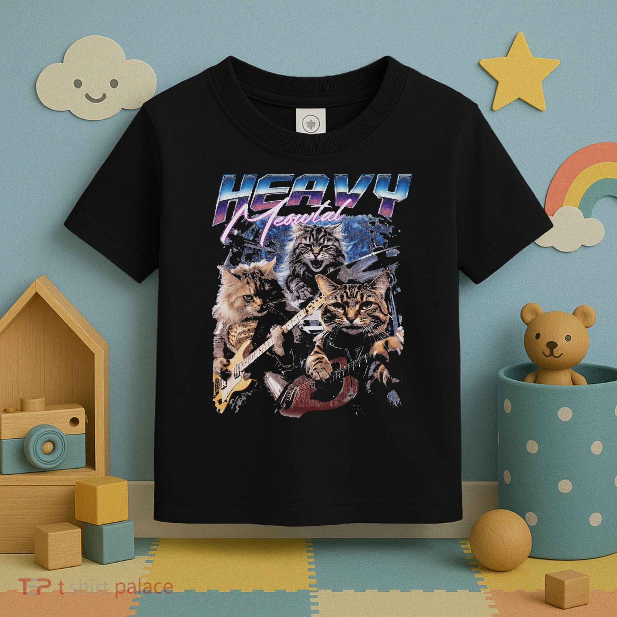 Heavy Meowtal Distressed Rock Cat Playing Guitar Music Bands Toddler T-Shirt