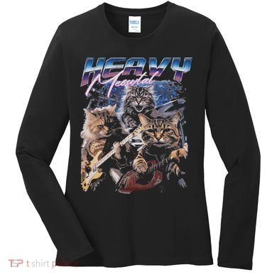 Heavy Meowtal Distressed Rock Cat Playing Guitar Music Bands Women's Long Sleeve Shirt