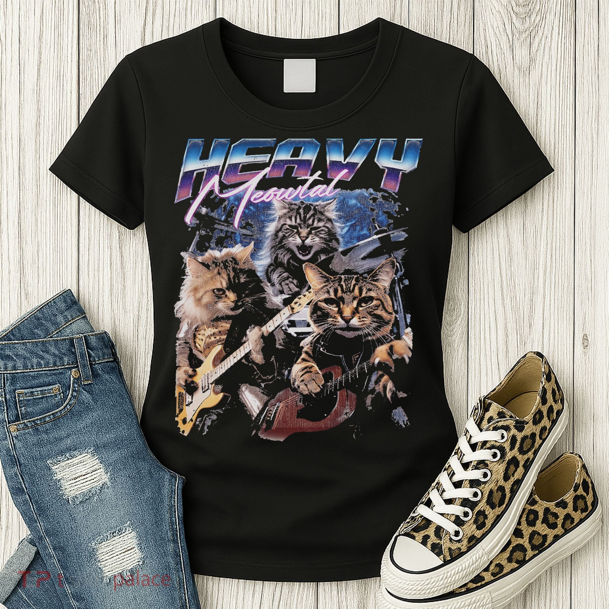 Heavy Meowtal Distressed Rock Cat Playing Guitar Music Bands Women's T-Shirt