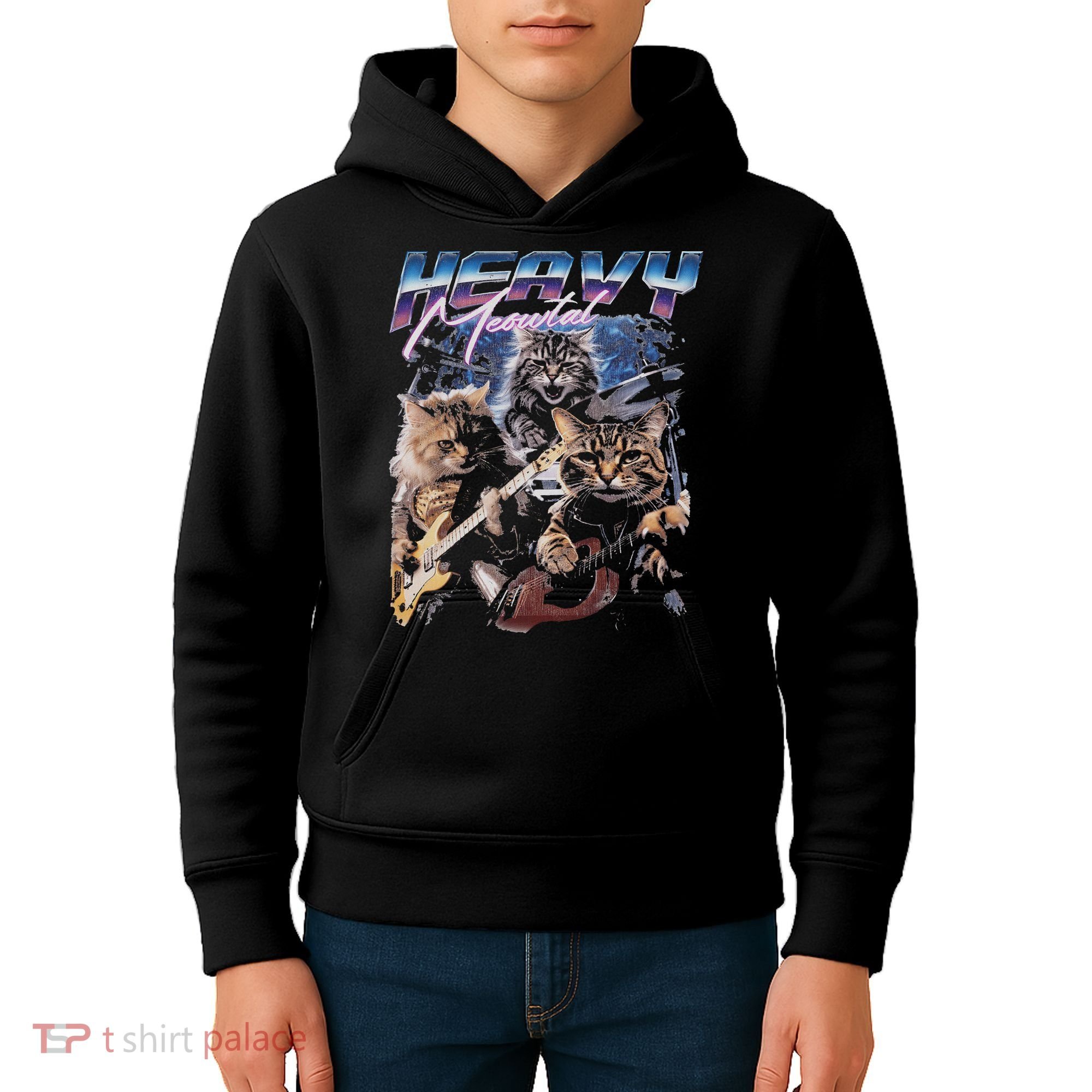 Heavy Meowtal Distressed Rock Cat Playing Guitar Music Bands Kids Hoodie