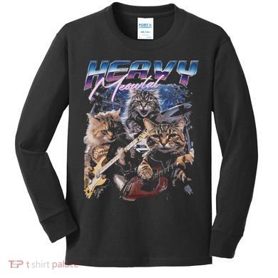 Heavy Meowtal Distressed Rock Cat Playing Guitar Music Bands Kids Long Sleeve Shirt