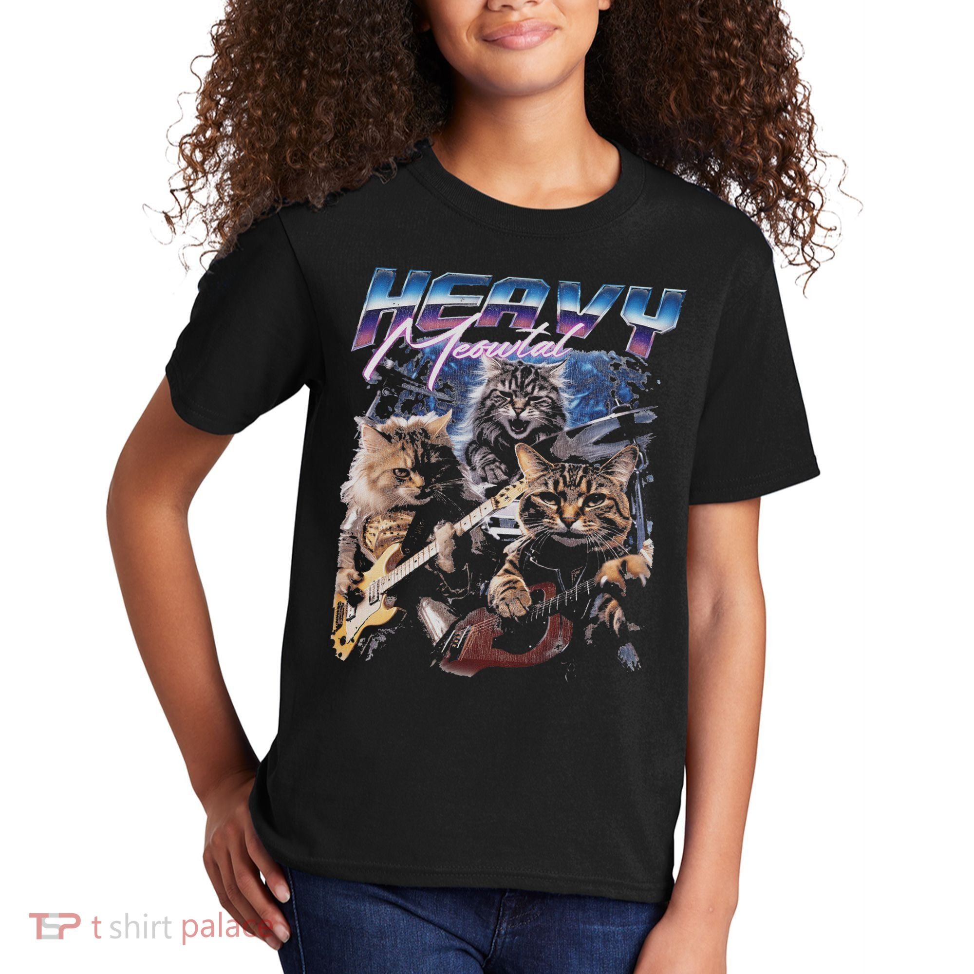 Heavy Meowtal Distressed Rock Cat Playing Guitar Music Bands Kids T-Shirt