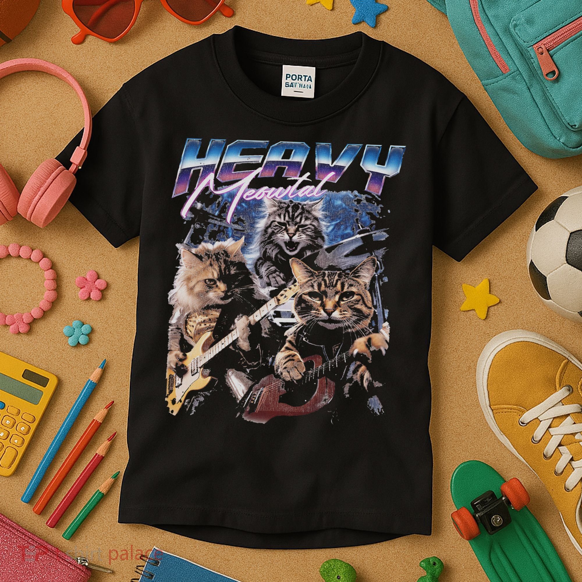 Heavy Meowtal Distressed Rock Cat Playing Guitar Music Bands Kids T-Shirt