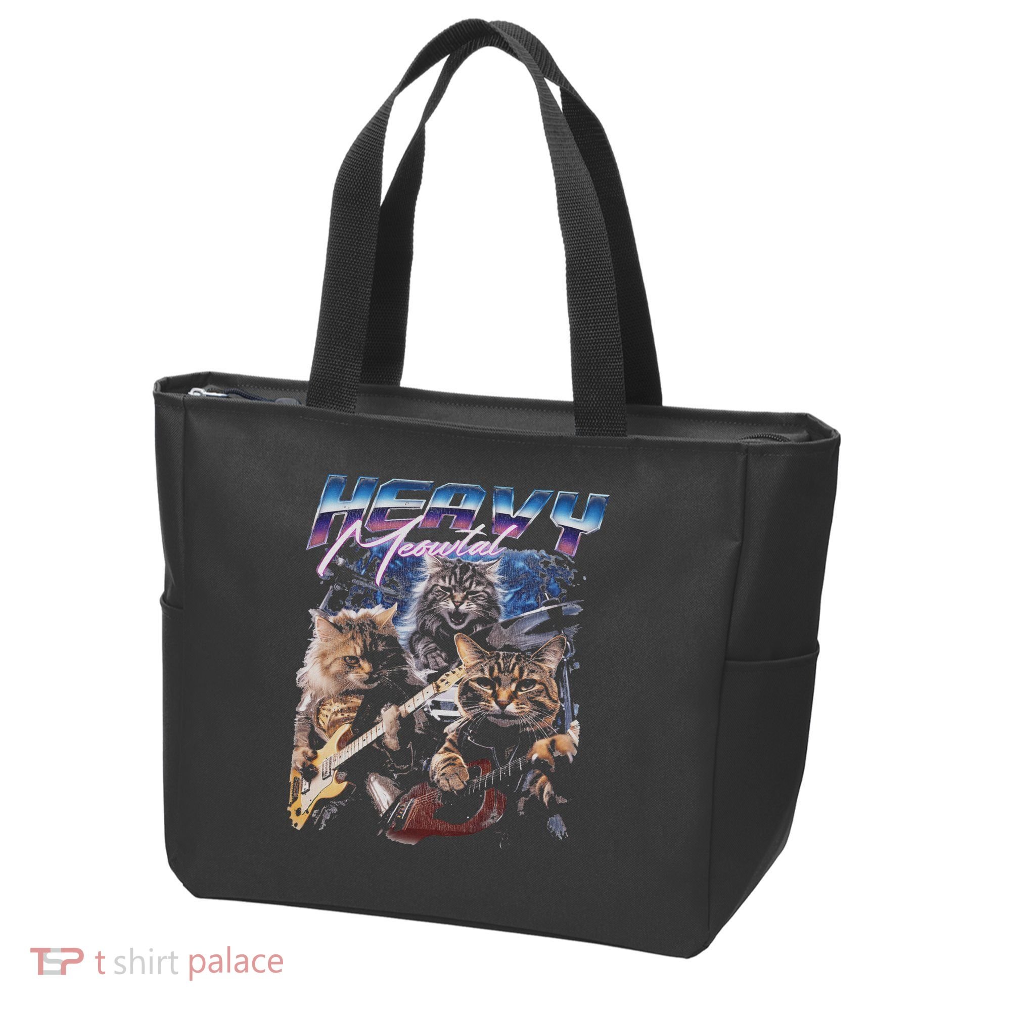 Heavy Meowtal Distressed Rock Cat Playing Guitar Music Bands Tote Bag