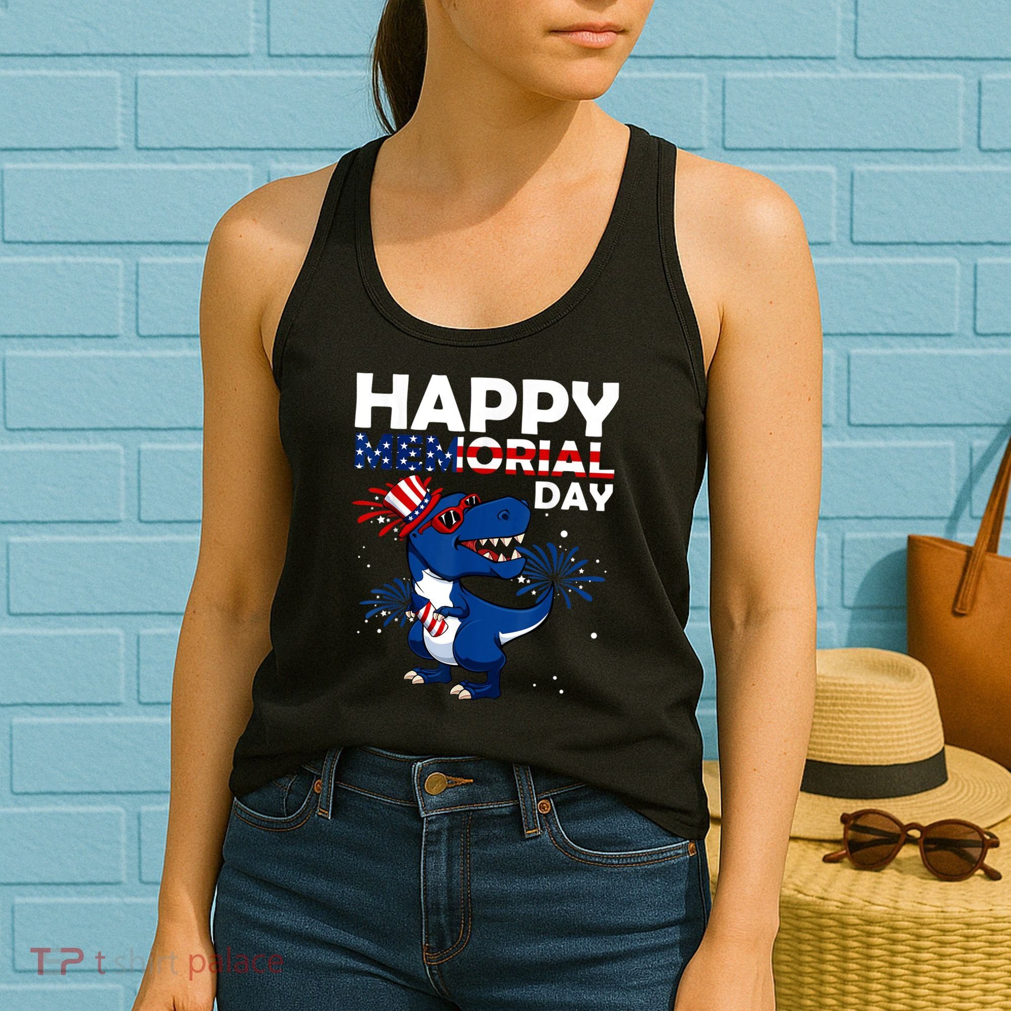 Happy Memorial Day 4th Of July Dinosaur American Flag Women's Tank Top