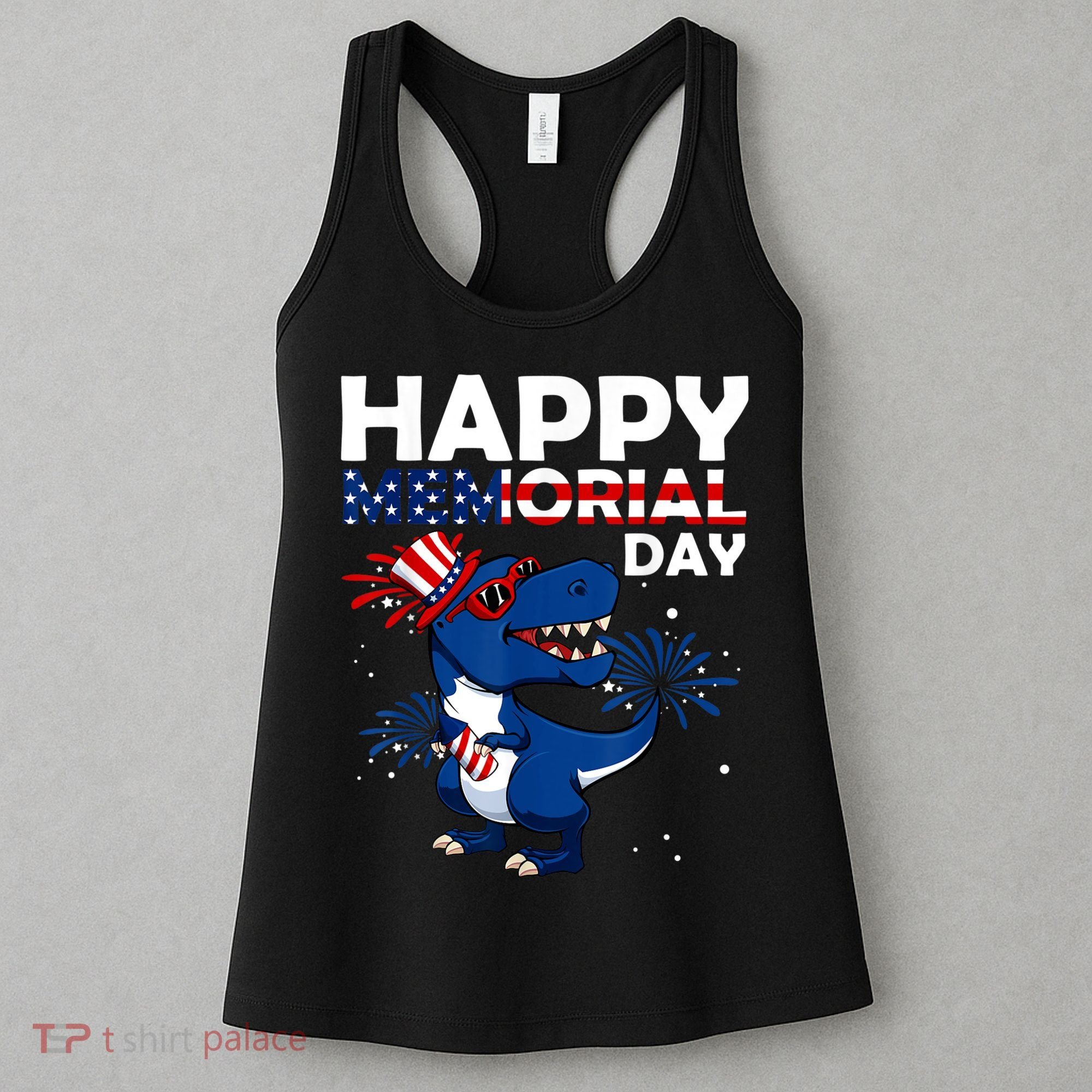 Happy Memorial Day 4th Of July Dinosaur American Flag Women's Tank Top