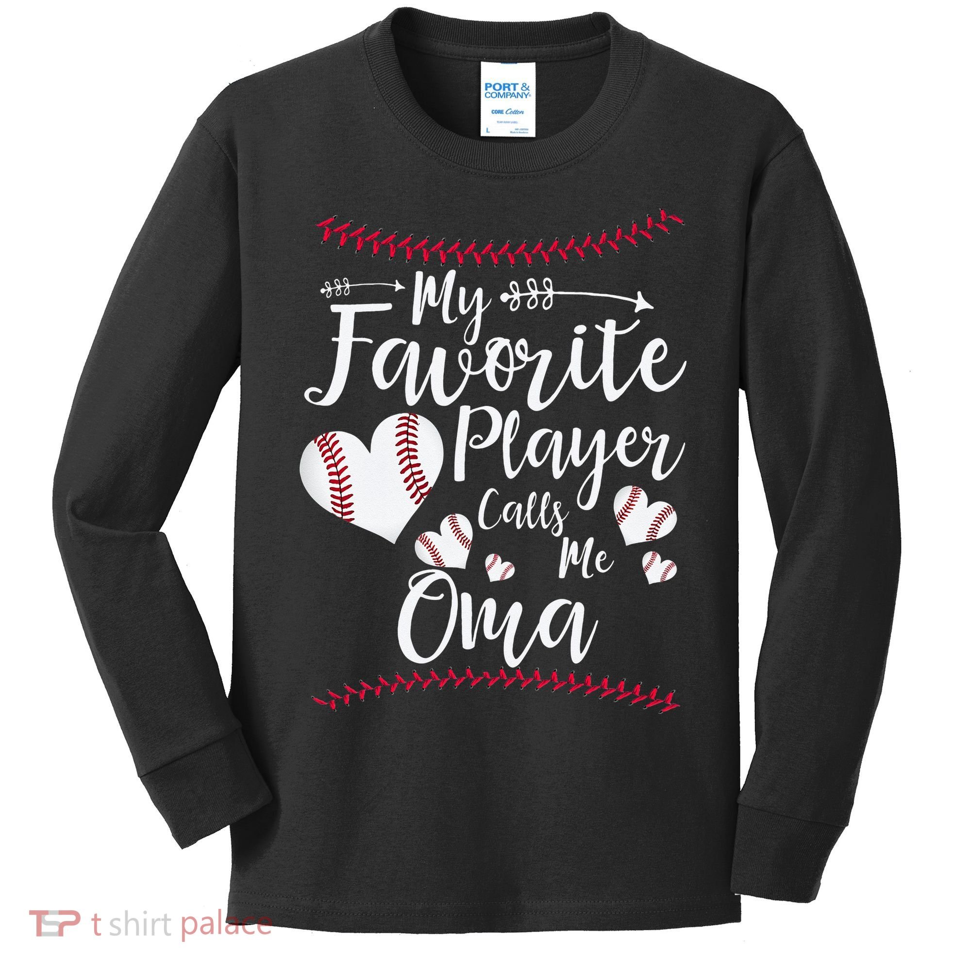 Heart My Favorite Player Calls Me Oma Baseball Kids Long Sleeve Shirt