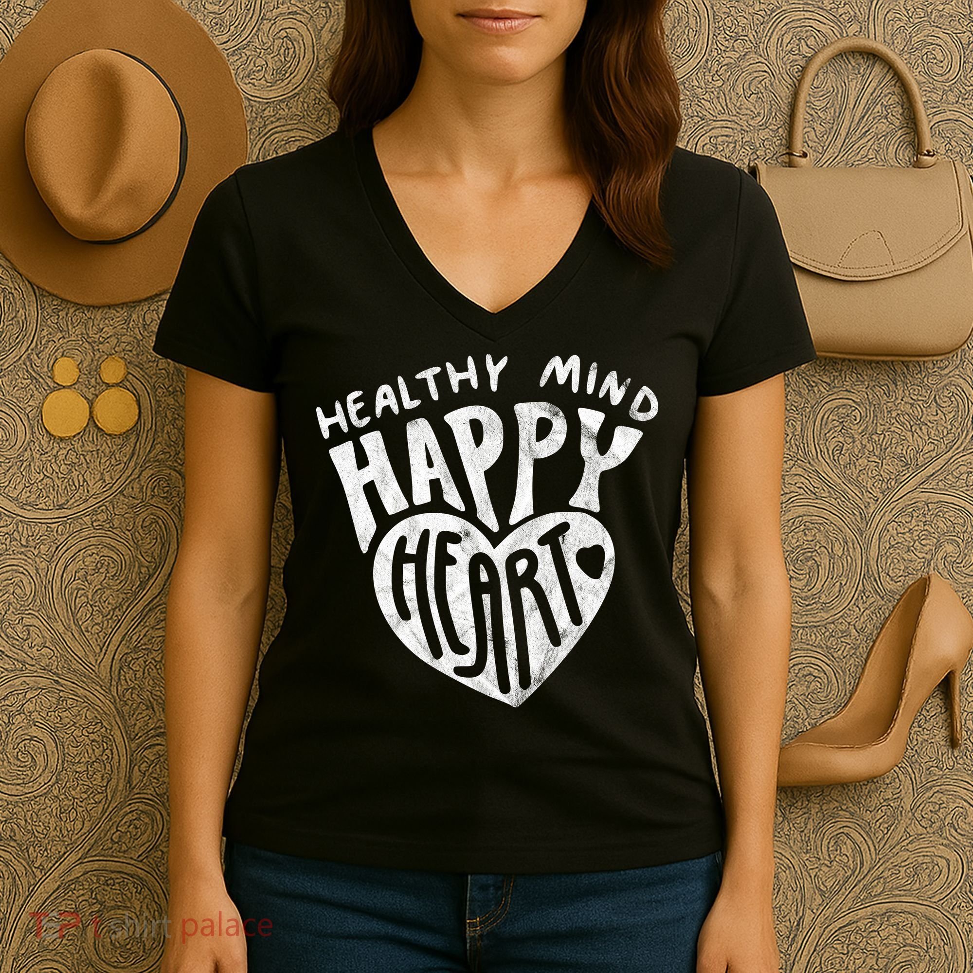 Healthy Mind Happy Heart Mental Health Women's V-Neck T-Shirt