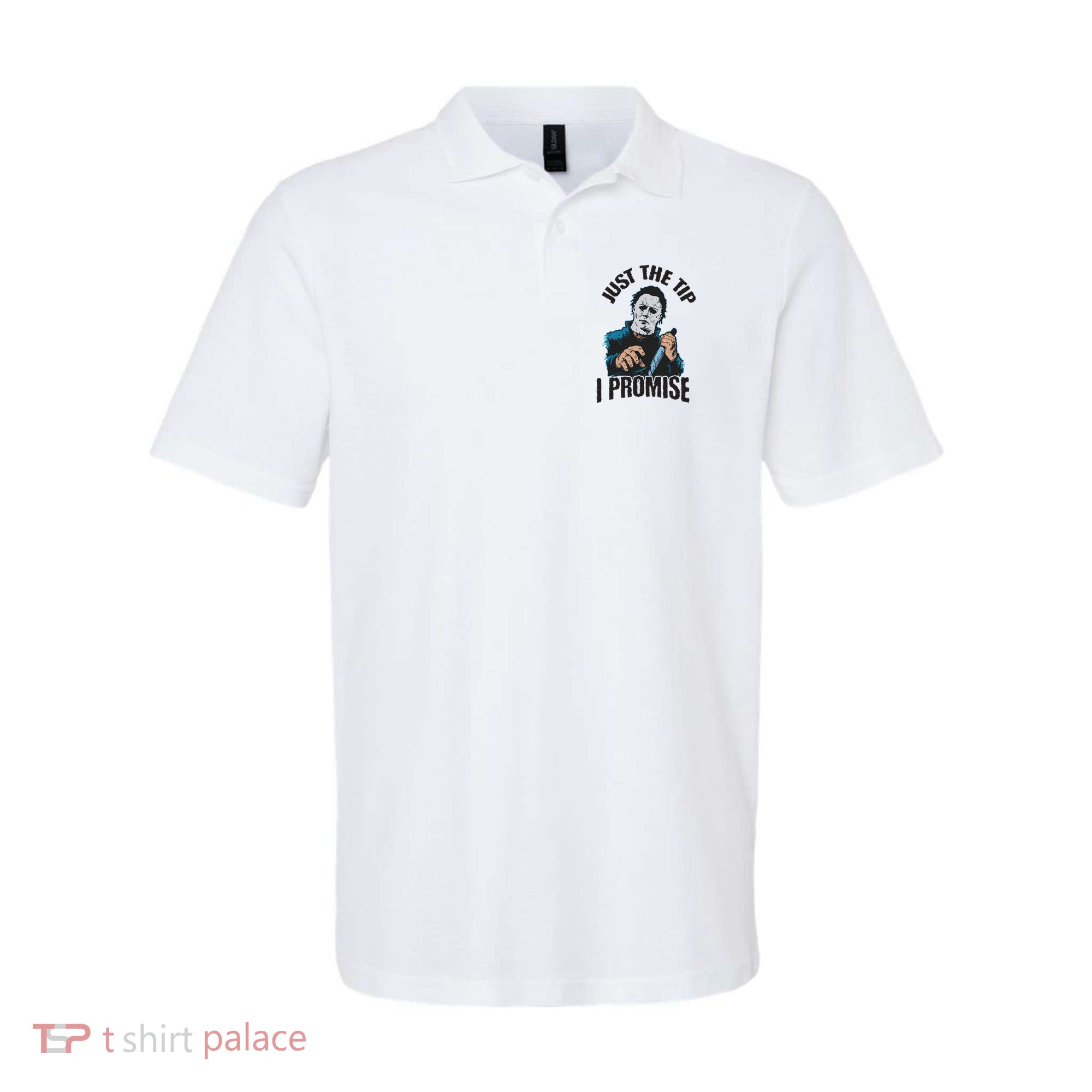 Horror Movie Halloween Just The Tip I Promise Knife Funny Polo