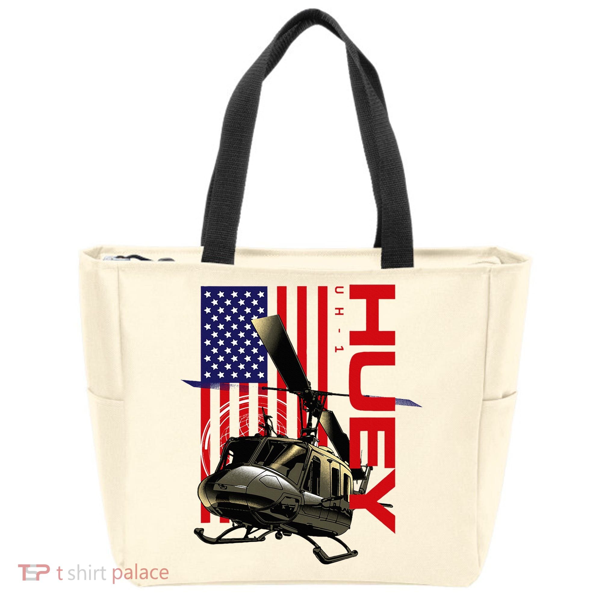 Huey Military Helicopter Airplane American Flag Tote Bag