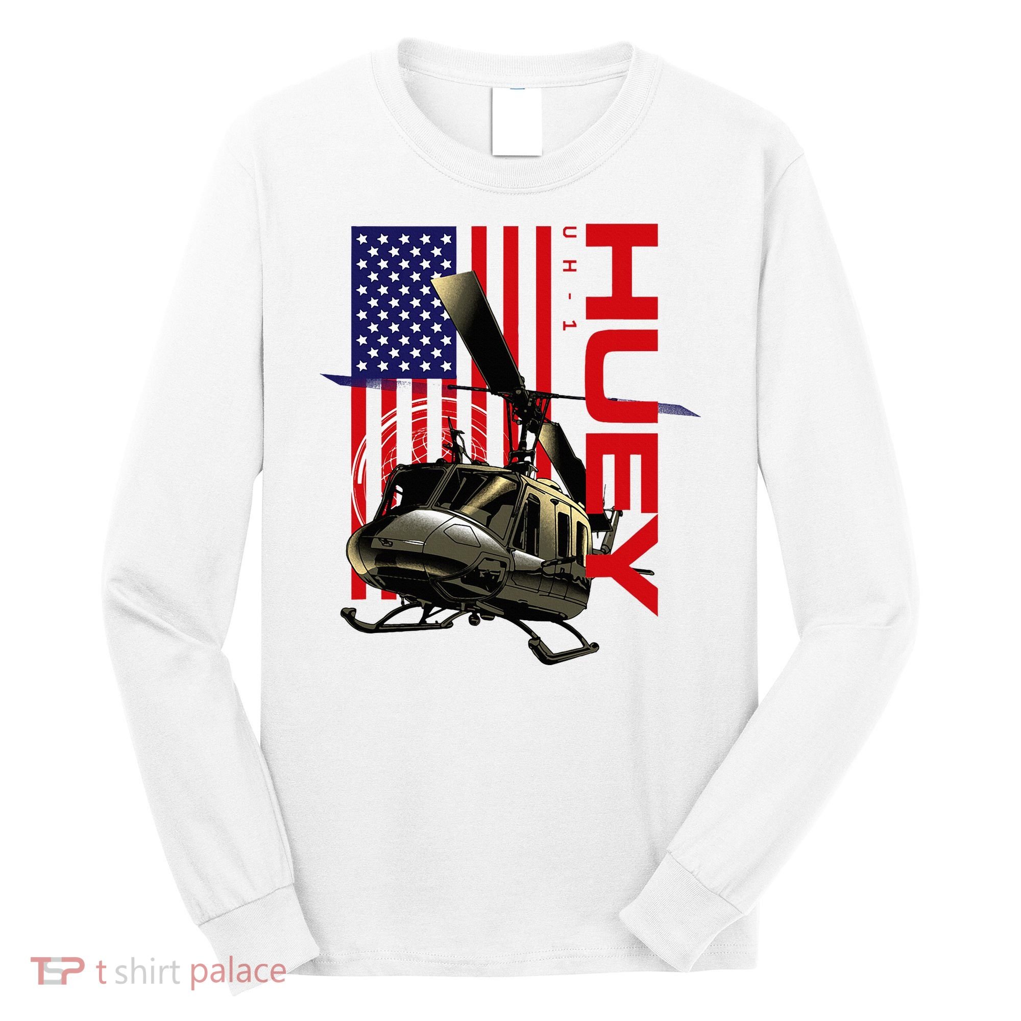 Huey Military Helicopter Airplane American Flag Long Sleeve Shirt
