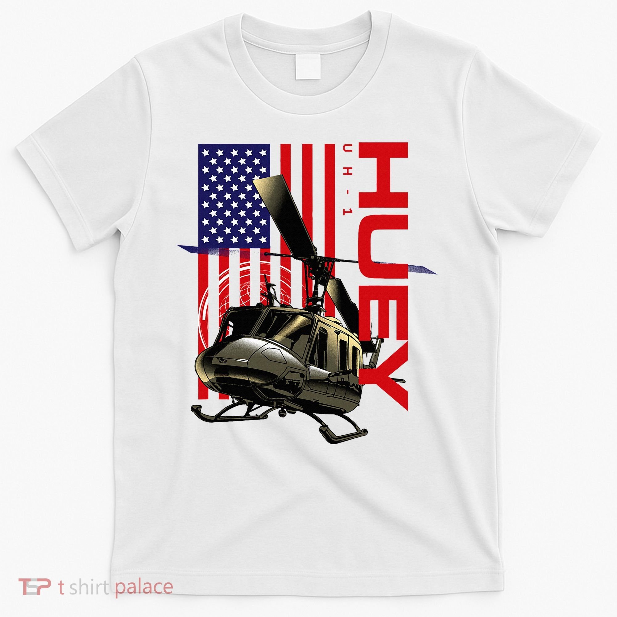 Huey Military Helicopter Airplane American Flag T-Shirt