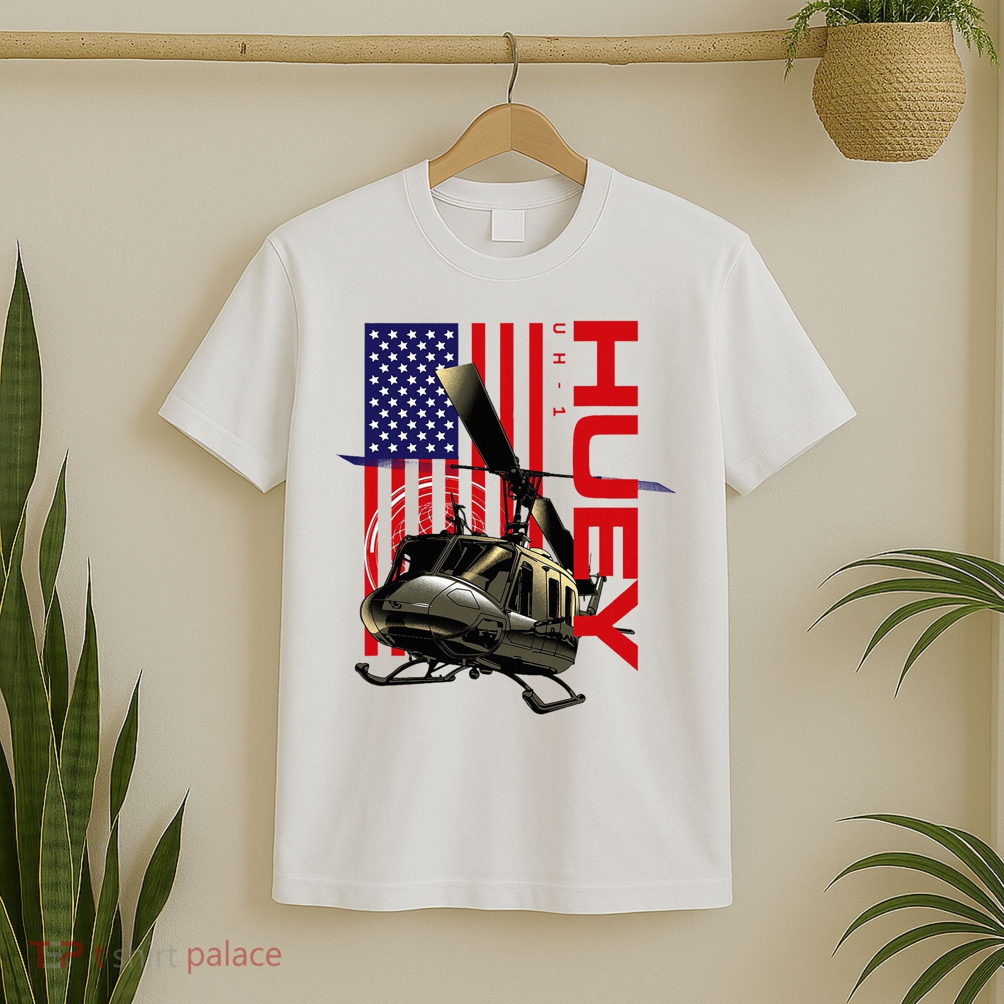 Huey Military Helicopter Airplane American Flag T-Shirt