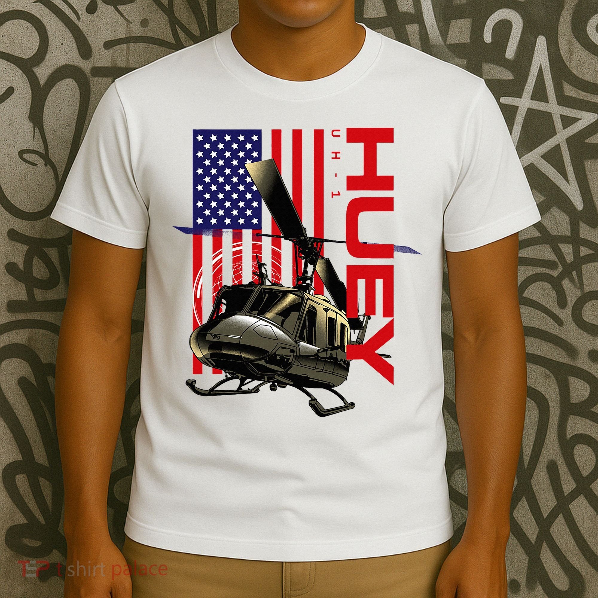 Huey Military Helicopter Airplane American Flag T-Shirt