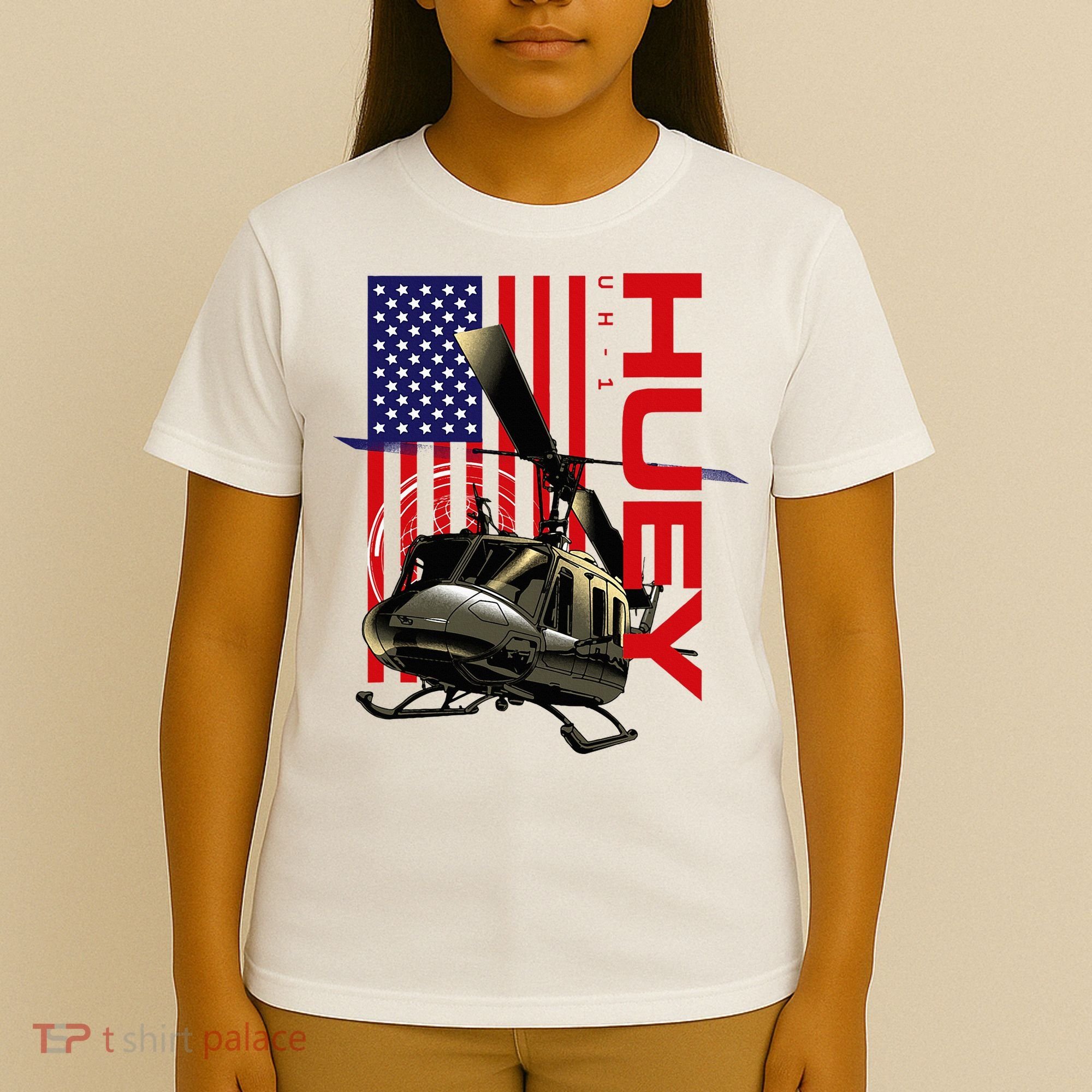 Huey Military Helicopter Airplane American Flag T-Shirt