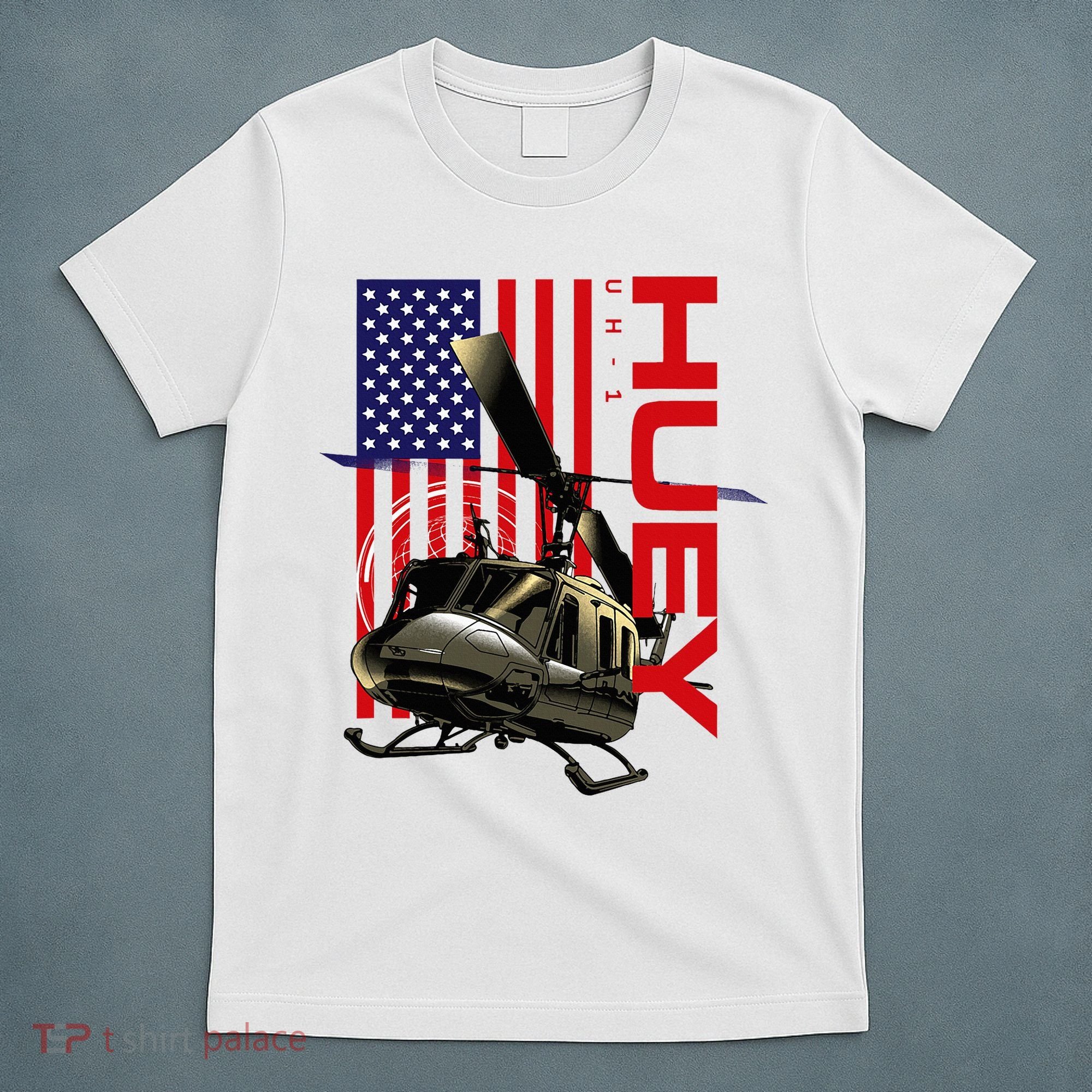 Huey Military Helicopter Airplane American Flag T-Shirt
