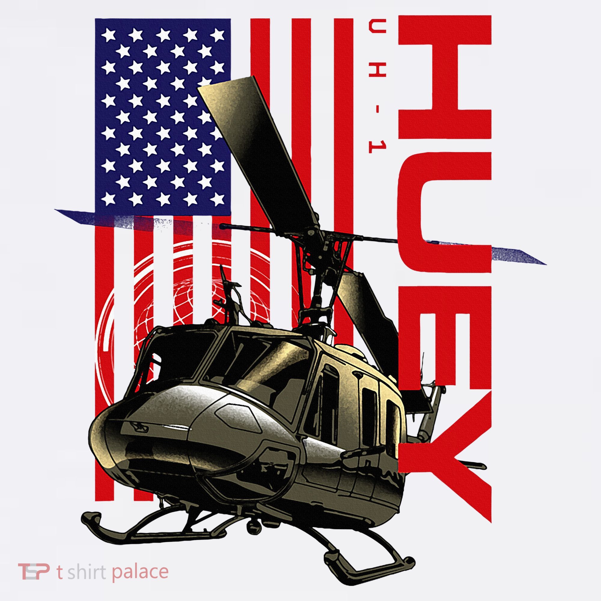 Huey Military Helicopter Airplane American Flag T-Shirt
