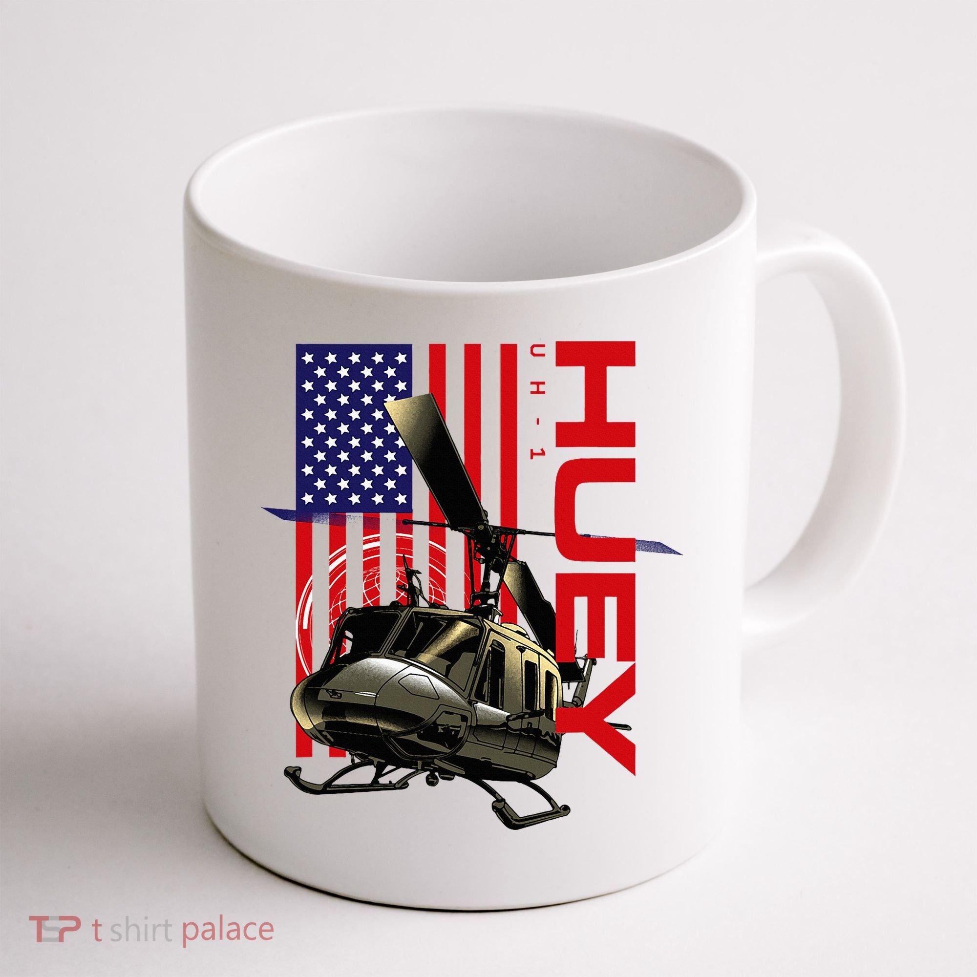 Huey Military Helicopter Airplane American Flag Coffee Mug