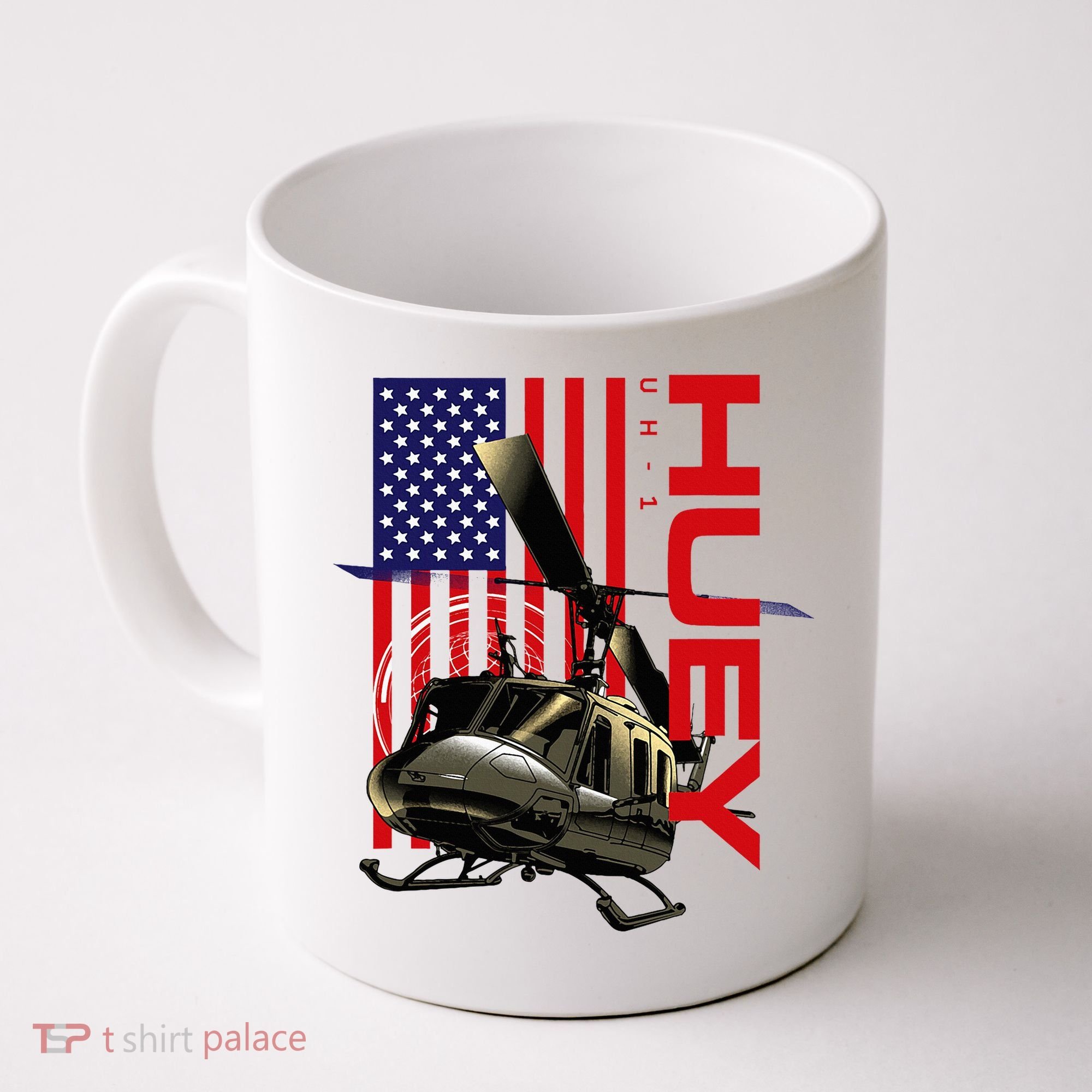Huey Military Helicopter Airplane American Flag Coffee Mug