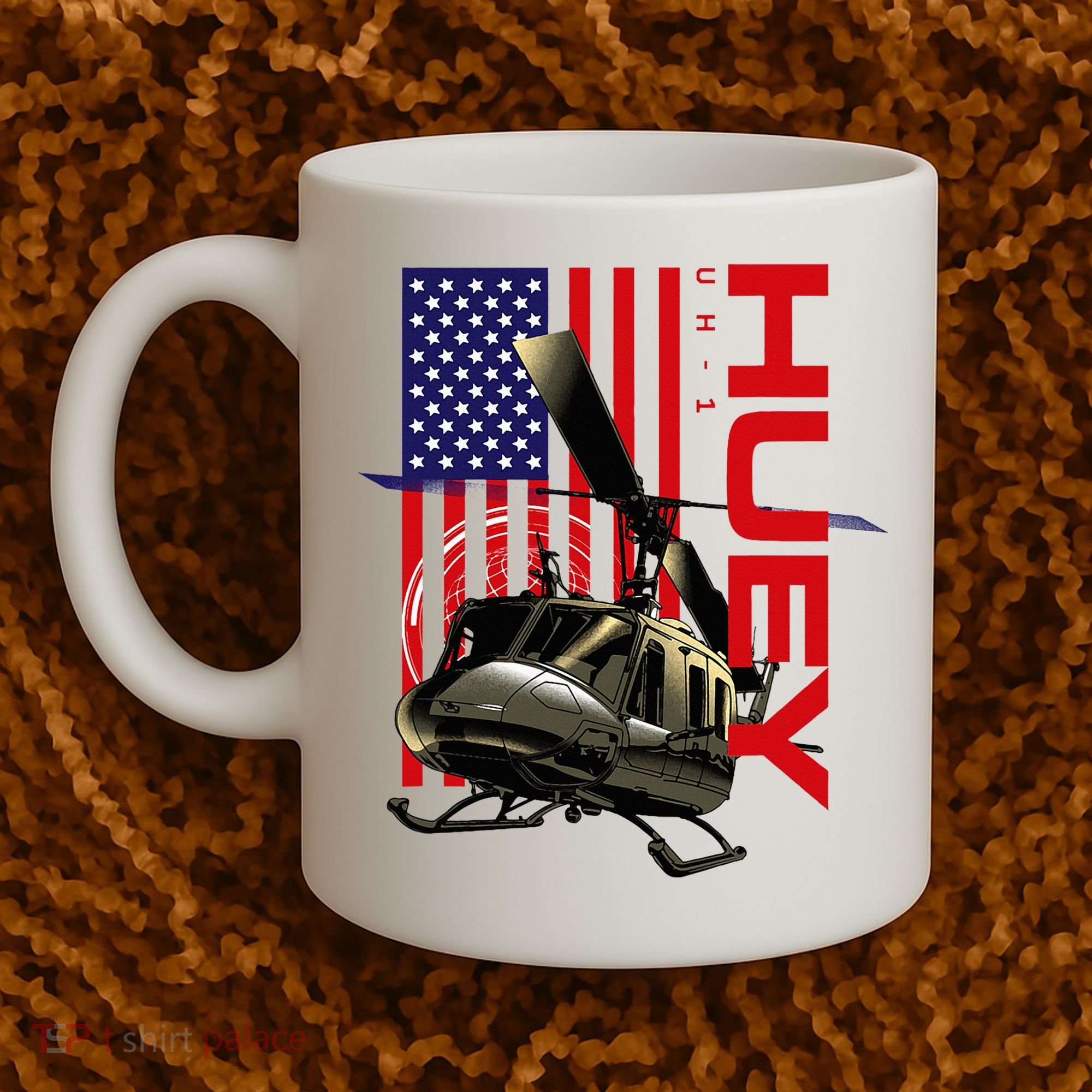 Huey Military Helicopter Airplane American Flag Coffee Mug