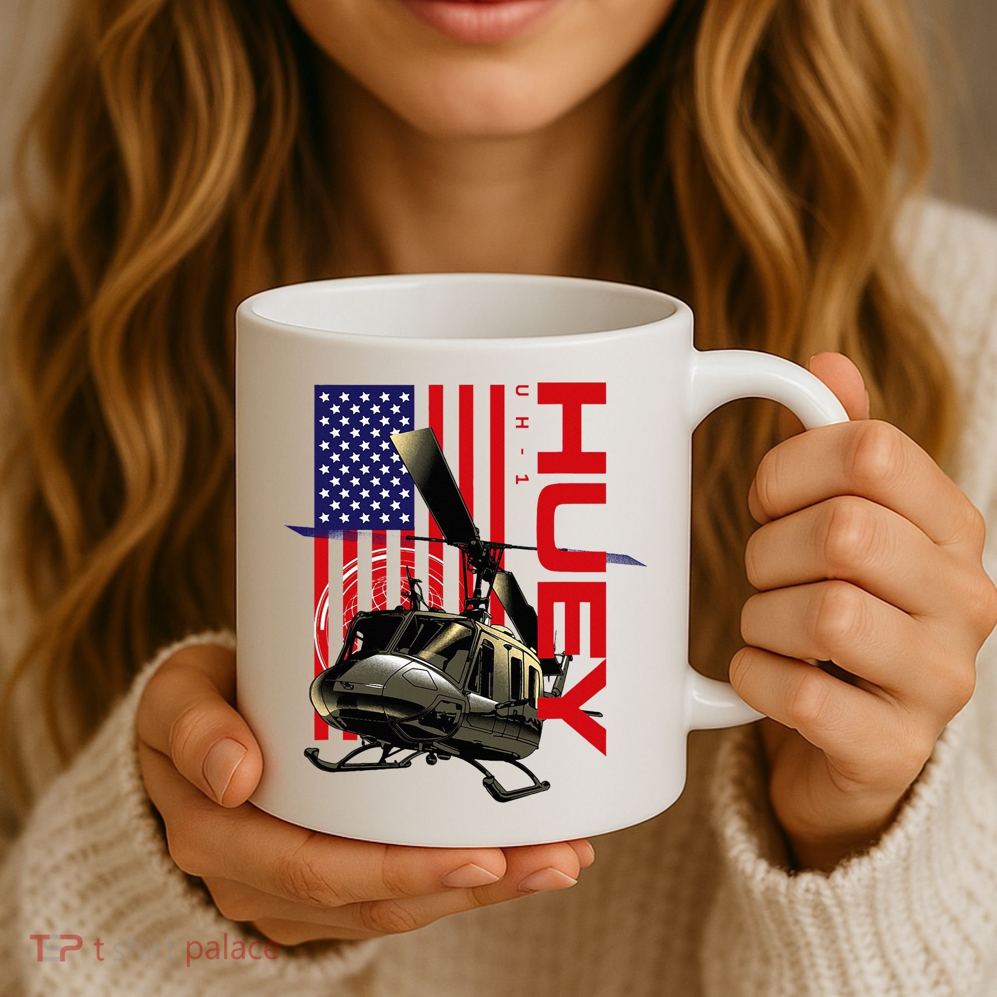 Huey Military Helicopter Airplane American Flag Coffee Mug