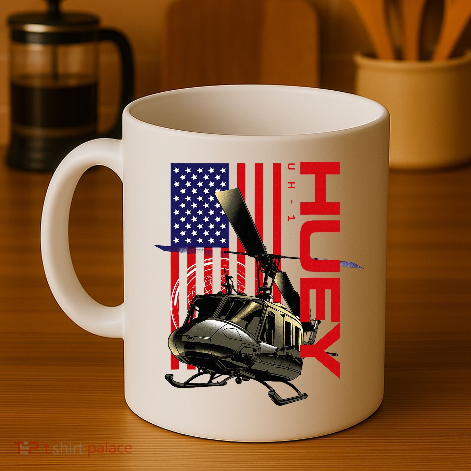 Huey Military Helicopter Airplane American Flag Coffee Mug