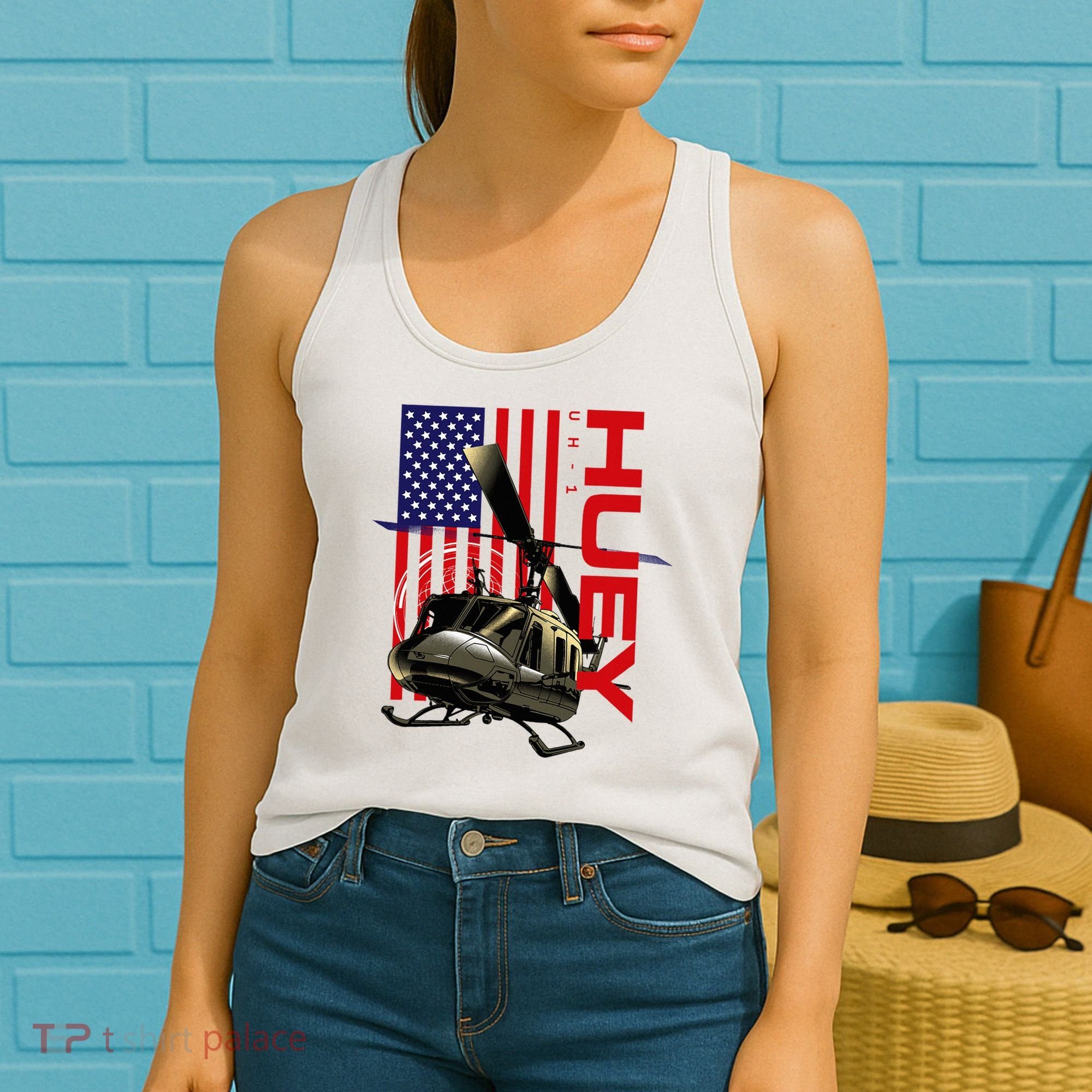 Huey Military Helicopter Airplane American Flag Women's Tank Top