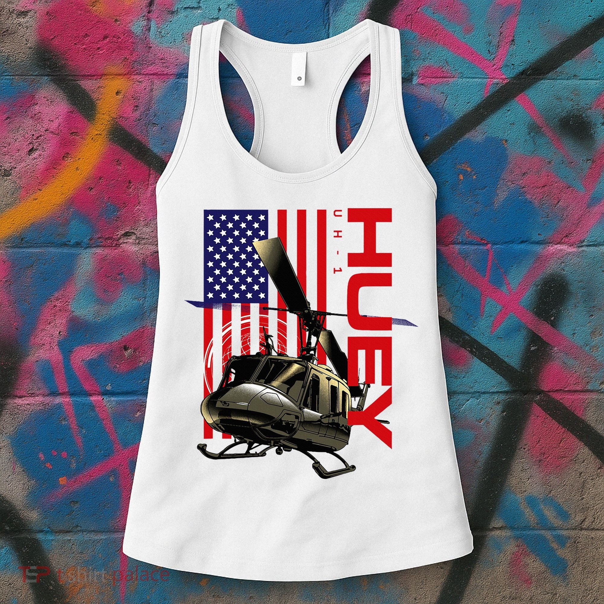 Huey Military Helicopter Airplane American Flag Women's Tank Top