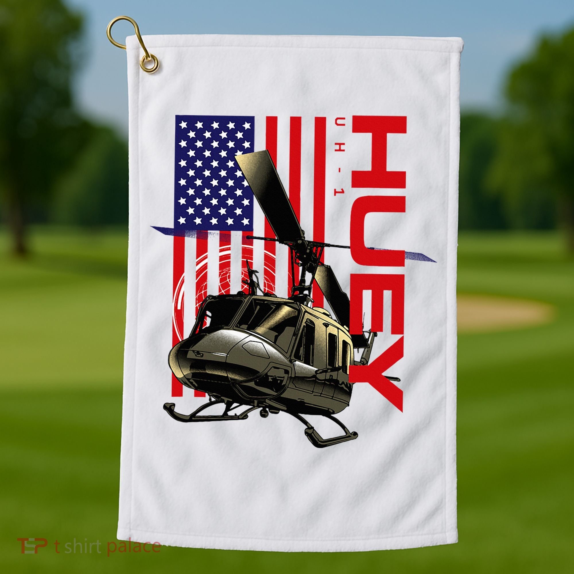 Huey Military Helicopter Airplane American Flag Golf Towel