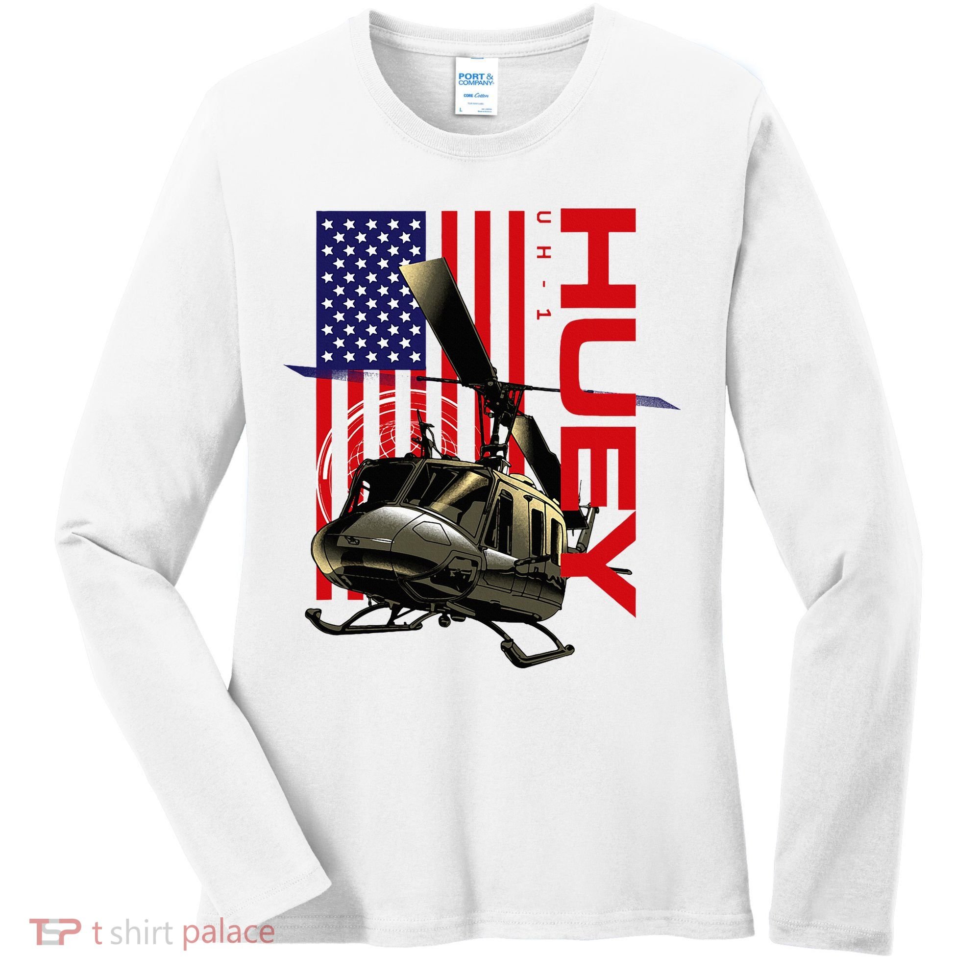 Huey Military Helicopter Airplane American Flag Women's Long Sleeve Shirt